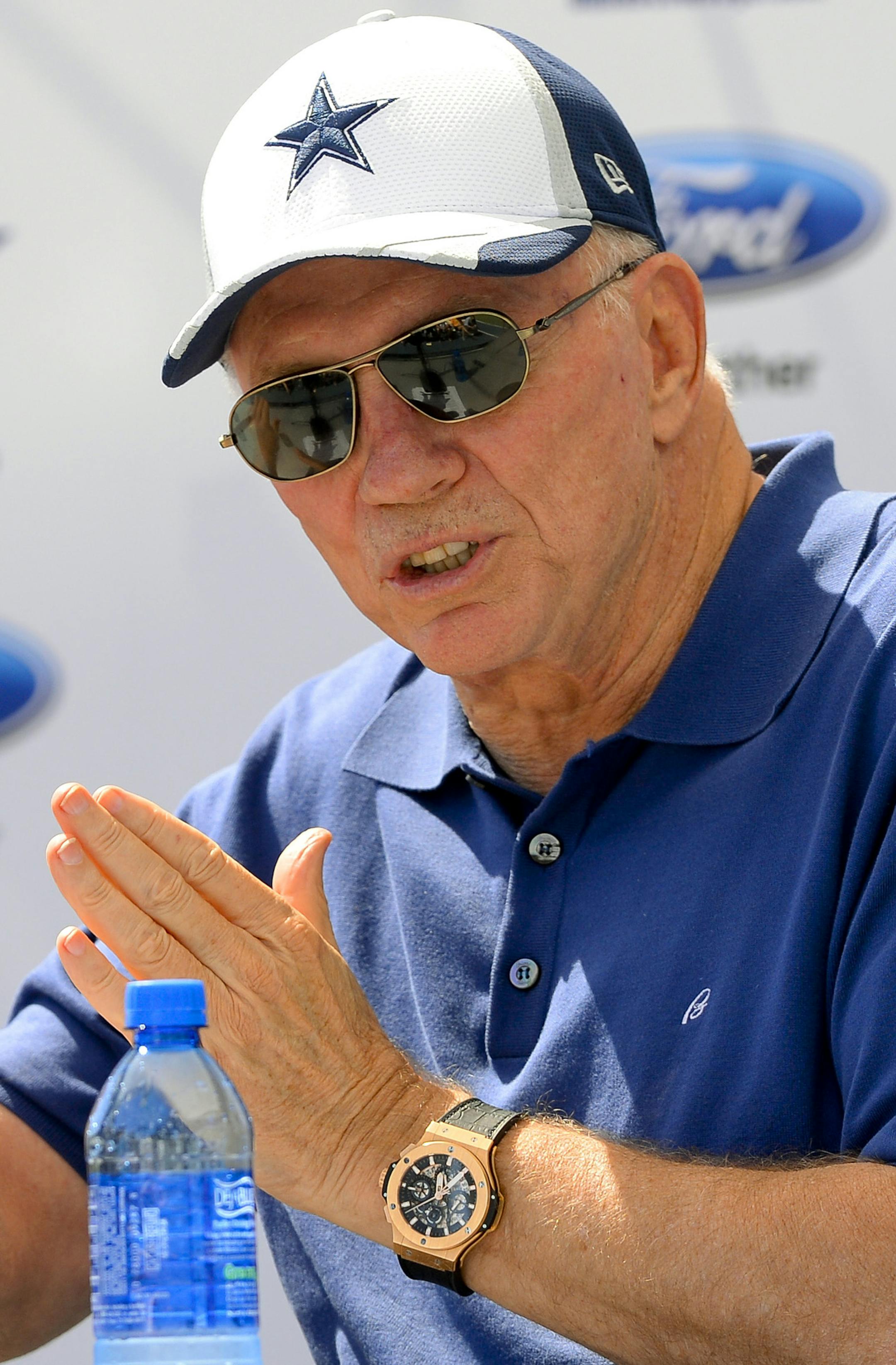 Dallas Cowboys owner Jerry Jones speaks at the "State of the team" news conference during NFL football training camp on Wednesday, July 23, 2014, in Oxnard, Calif. (AP Photo/Gus Ruelas)
