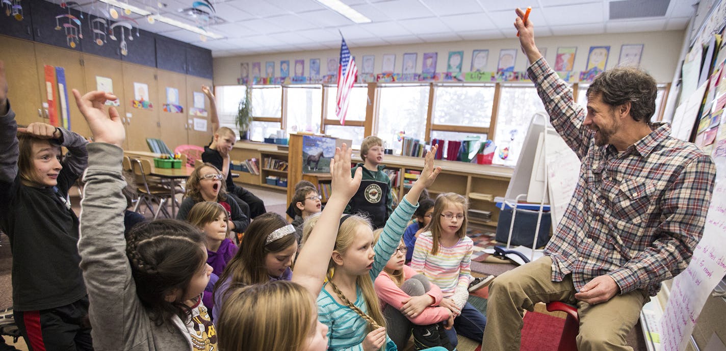 Third grade teacher Chris Warner engaged his students in a book discussion during class at Marine Elementary School in Marine on St. Croix in January.