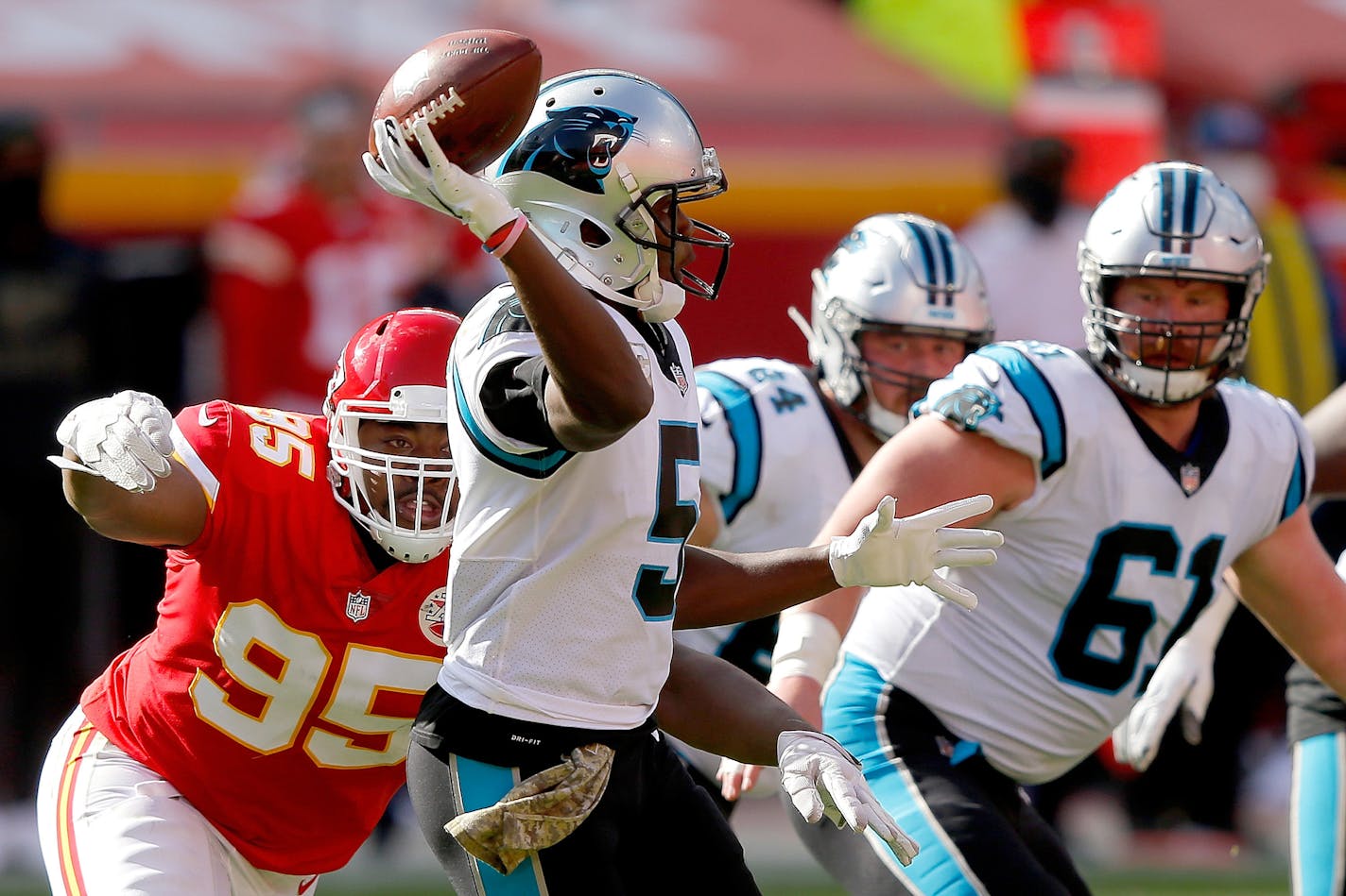 Panthers quarterback Teddy Bridgewater throws against the Kansas City Chiefs earlier this month.