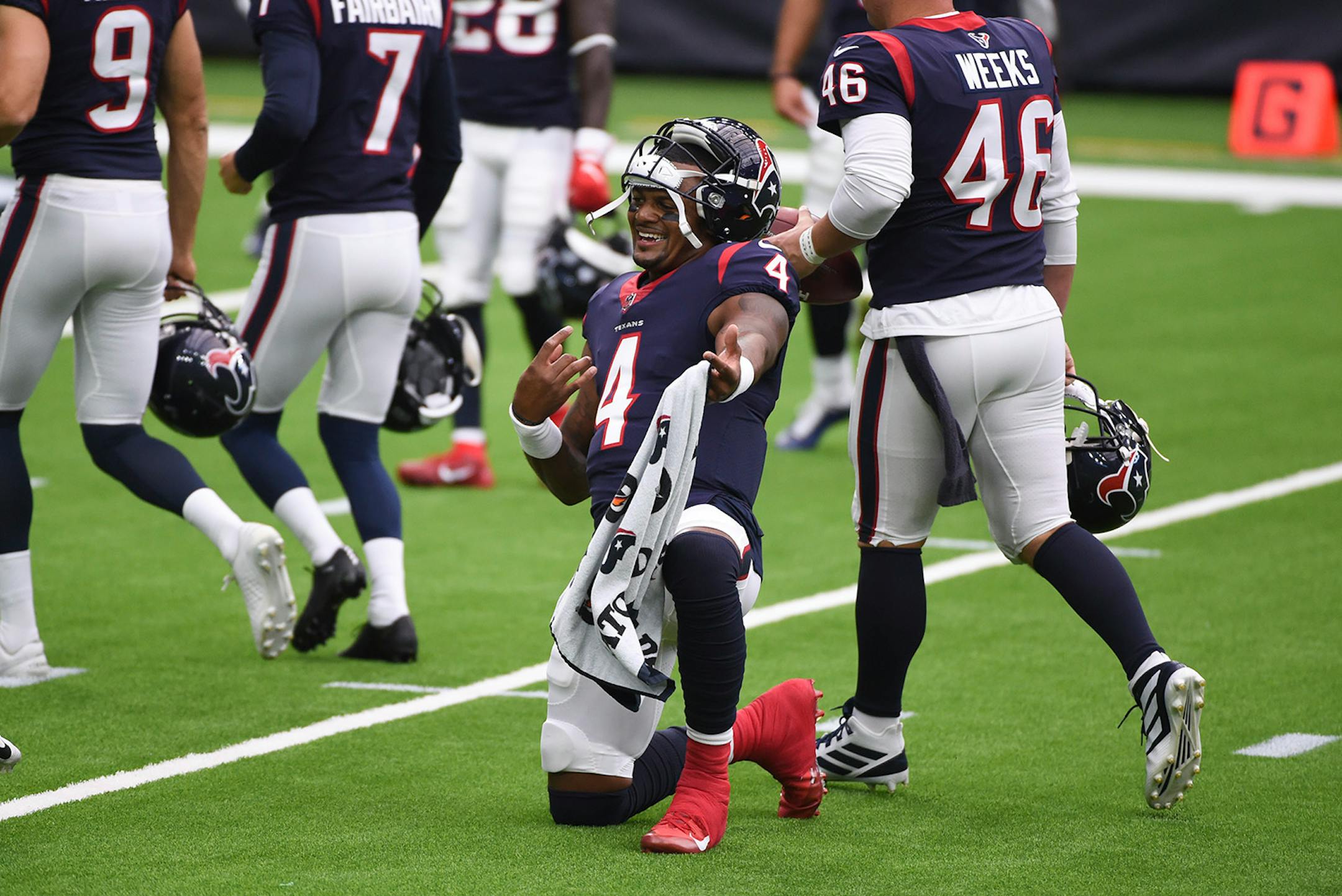 Houston Texans quarterback Deshaun Watson reacts on the field before an NFL football game against the Minnesota Vikings Sunday, Oct. 4, 2020, in Houston. (AP Photo/Eric Christian Smith)