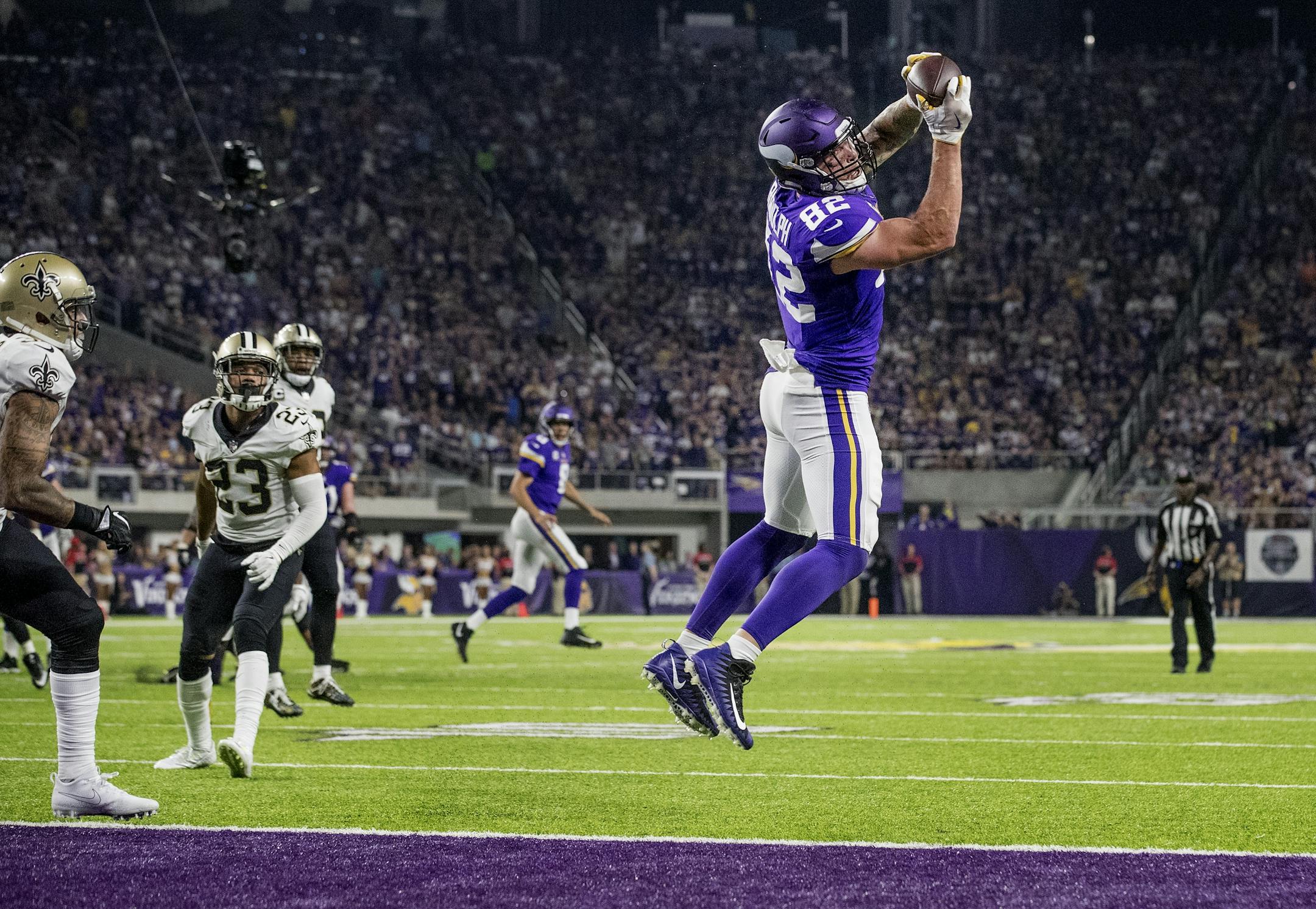 Minnesota Vikings Kyle Rudolph caught a 15-yard touchdown pass in the fourth quarter.