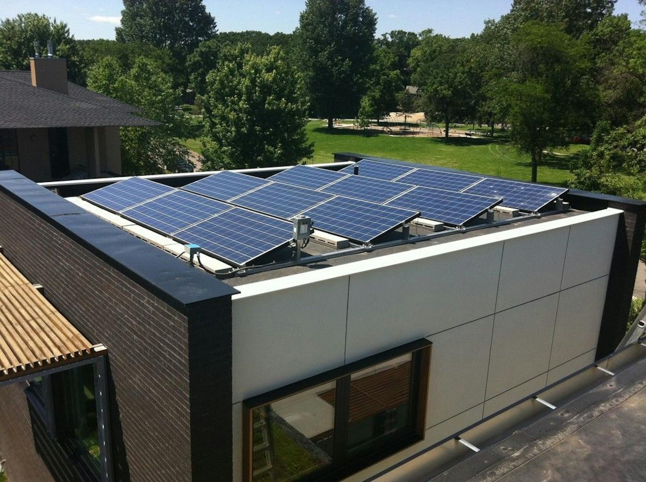 Solar panels on the top of the Schifman's home office.