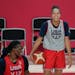 Lynx stars Sylvia Fowles, left, and Napheesa Collier shared a laugh with United States teammates during a practice Saturday in Saitama, Japan.  