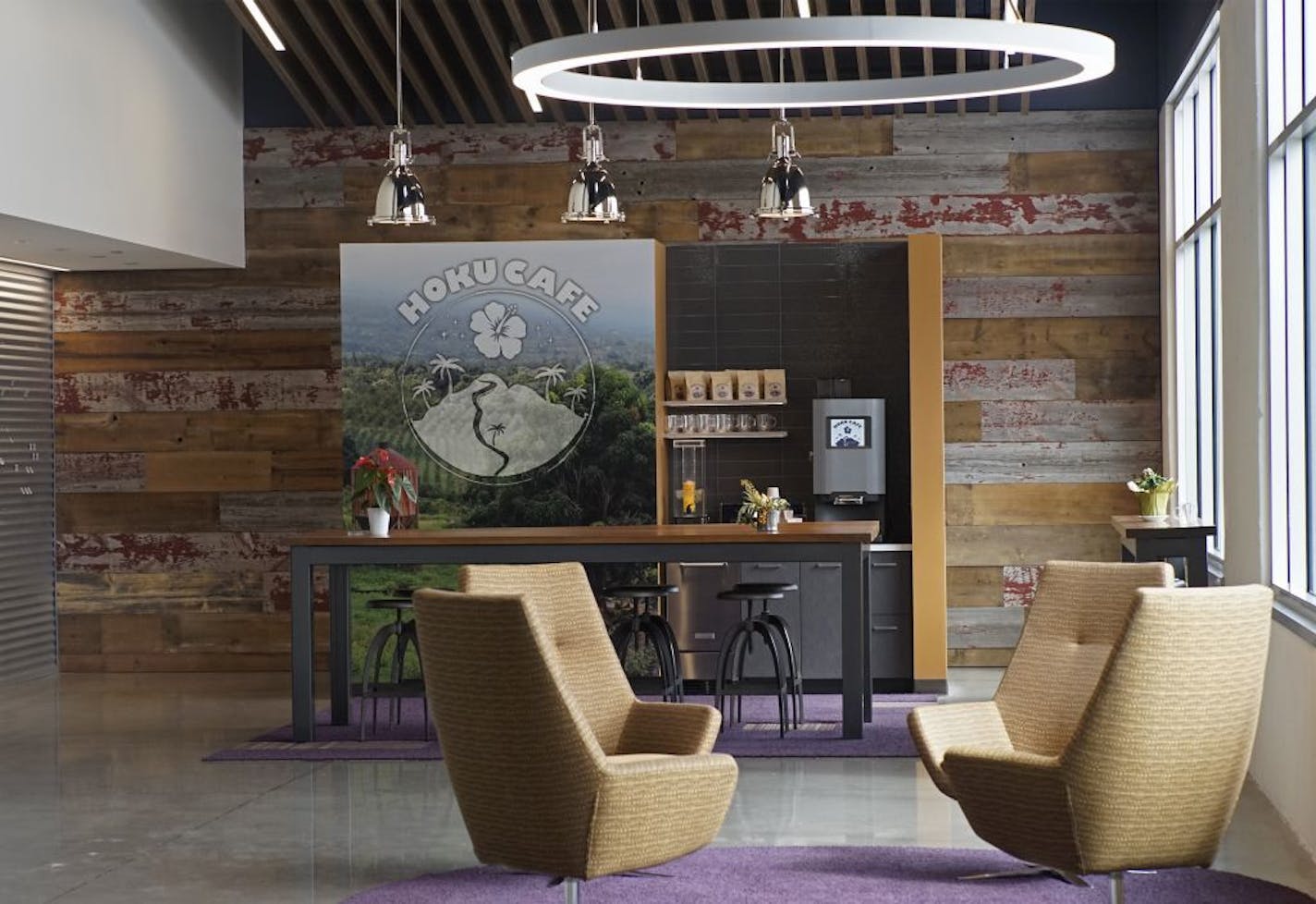 Star's new building in Brooklyn Park has open and large spaces that enhance the work experience including this coffee bar that features 100 percent Kona coffee.