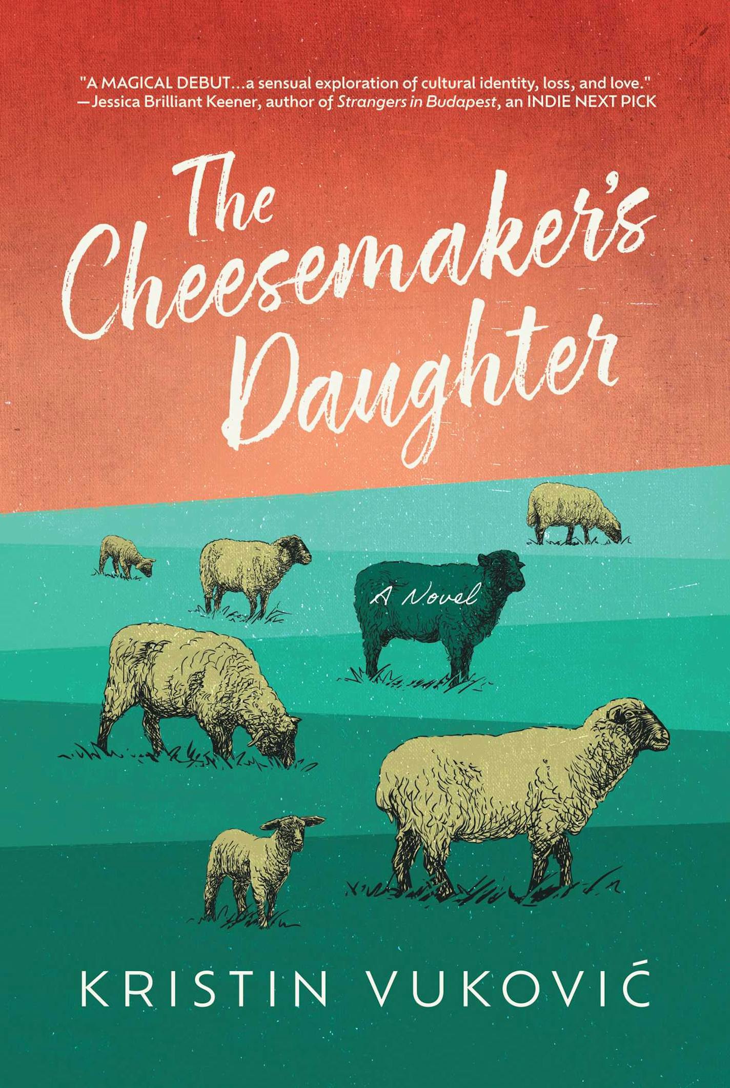 cover of "The Cheesemaker's Daughter" is a cartoony illustration of sheep grazing in a meadow