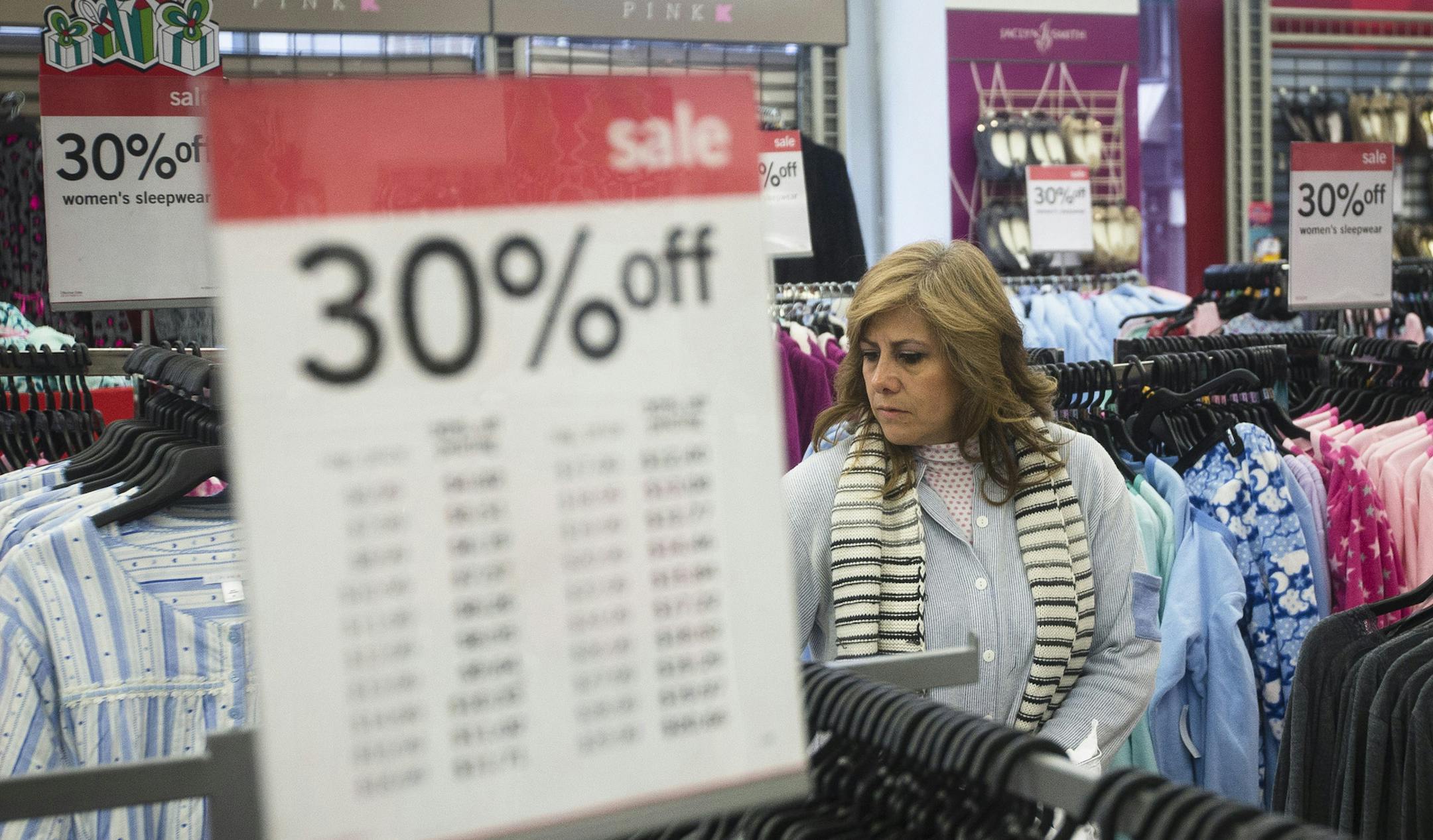 FILE - In this Thursday, Nov. 27, 2014 file photo, Giselle Basurto, of Mexico, shops at a Kmart store in New York on Thanksgiving Day. Retail sales rose 1.8 percent from Nov. 1 through Monday, Dec. 15, 2014 according to data provided from First Data Corp., which tracks purchases at 800,000 stores including online. The modest growth comes despite the heavy discounting customary throughout the season. (AP Photo/John Minchillo)