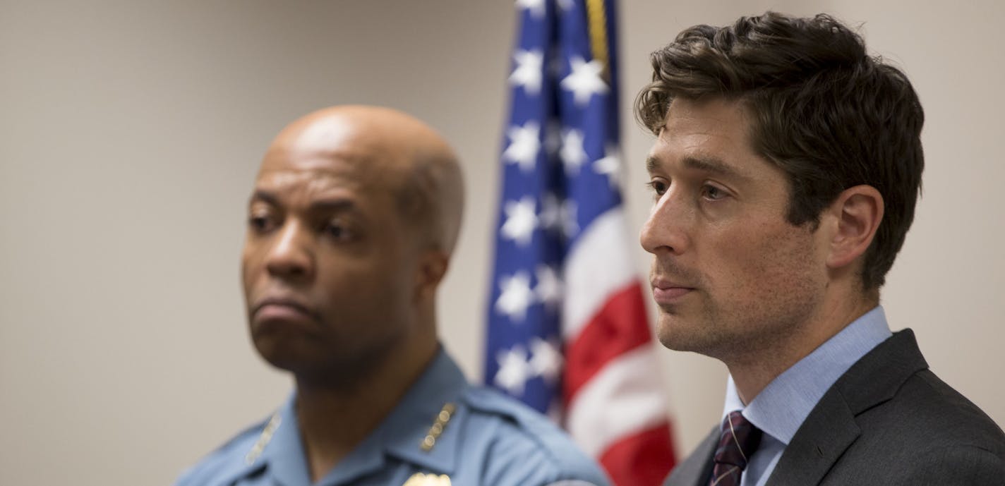 Minneapolis Mayor, Jacob Frey, gives a statement regarding the evening's shooting as Chief of Police, Medaria Arradondo looks on. ] ALEX KORMANN &#x2022; alex.kormann@startribune.com Minneapolis Mayor, Jacob Frey, and Chief of Police, Medaria Arradondo held a press conference in the mayor's office at 11pm following the fatal police shooting of an African American man in North Minneapolis only hours earlier. The mayor expressed great sadness and regret towards the death and neither official could