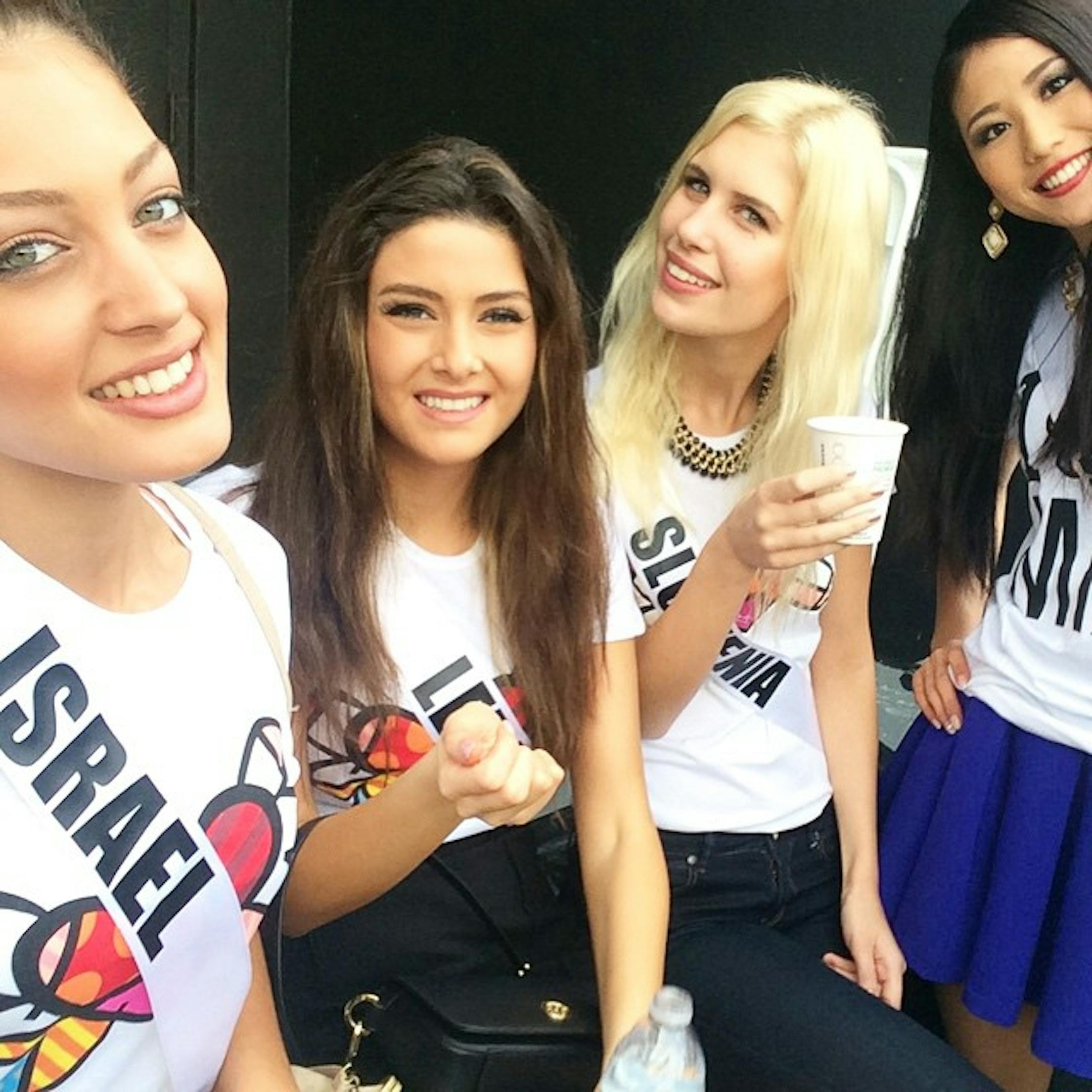 A selfie by Miss Israel Doron Matalon with Miss Lebanon, Miss Slovenia and Miss Japan.