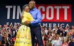 Republican presidential candidate Tim Scott — a U.S. senator from South Carolina — hugs his mother, Frances Scott, after announcing his candidacy 