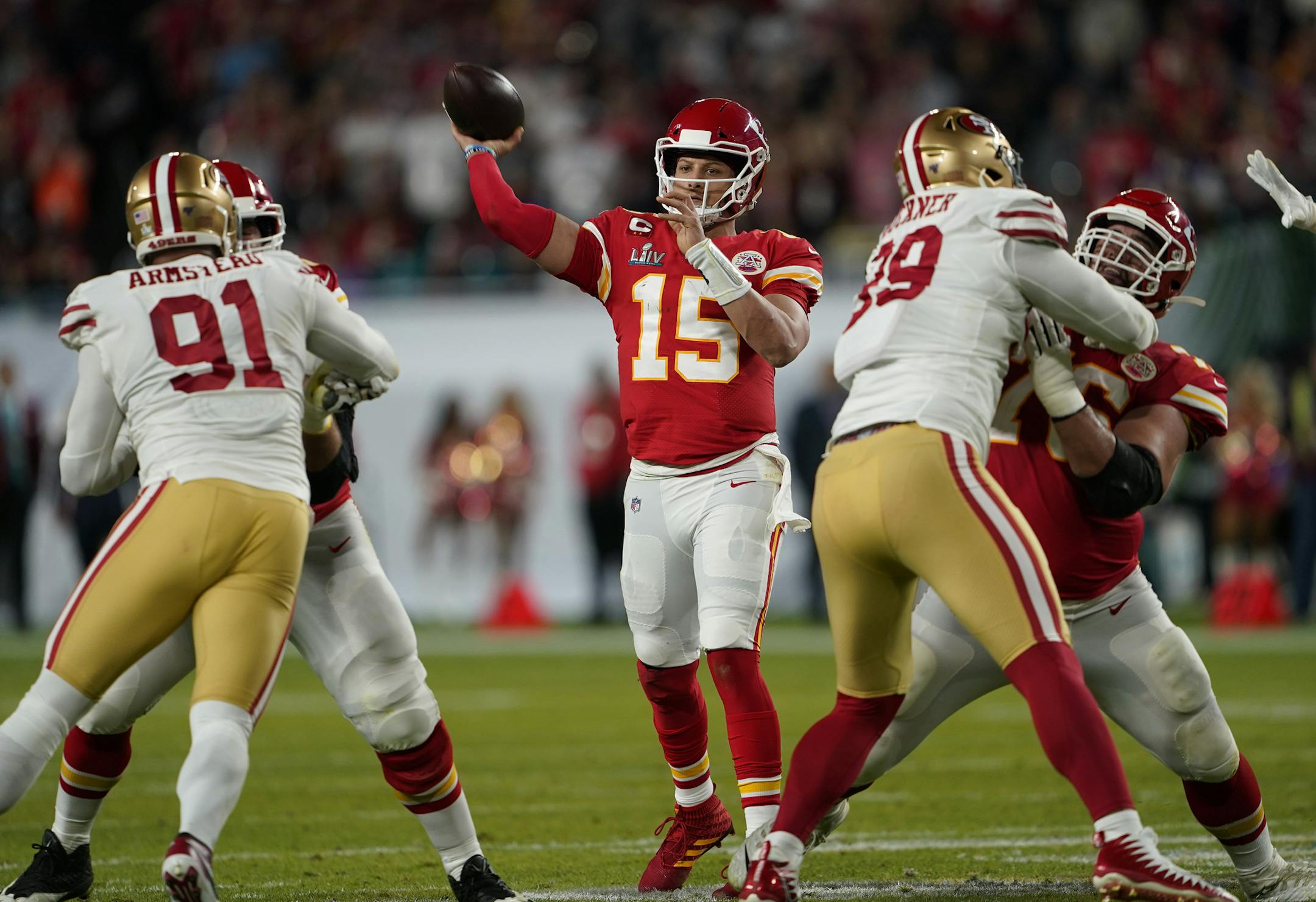Kansas City Chiefs Patrick Mahomes passes in the second quarter of Super Bowl LIV at Hard Rock Stadium in Miami Gardens, Fla. on Sunday, Feb. 2, 2020. The Chiefs won the Super Bowl for the first time in 50 years, defeating the San Francisco 49ers, 31-20. (Doug Mills/The New York Times)