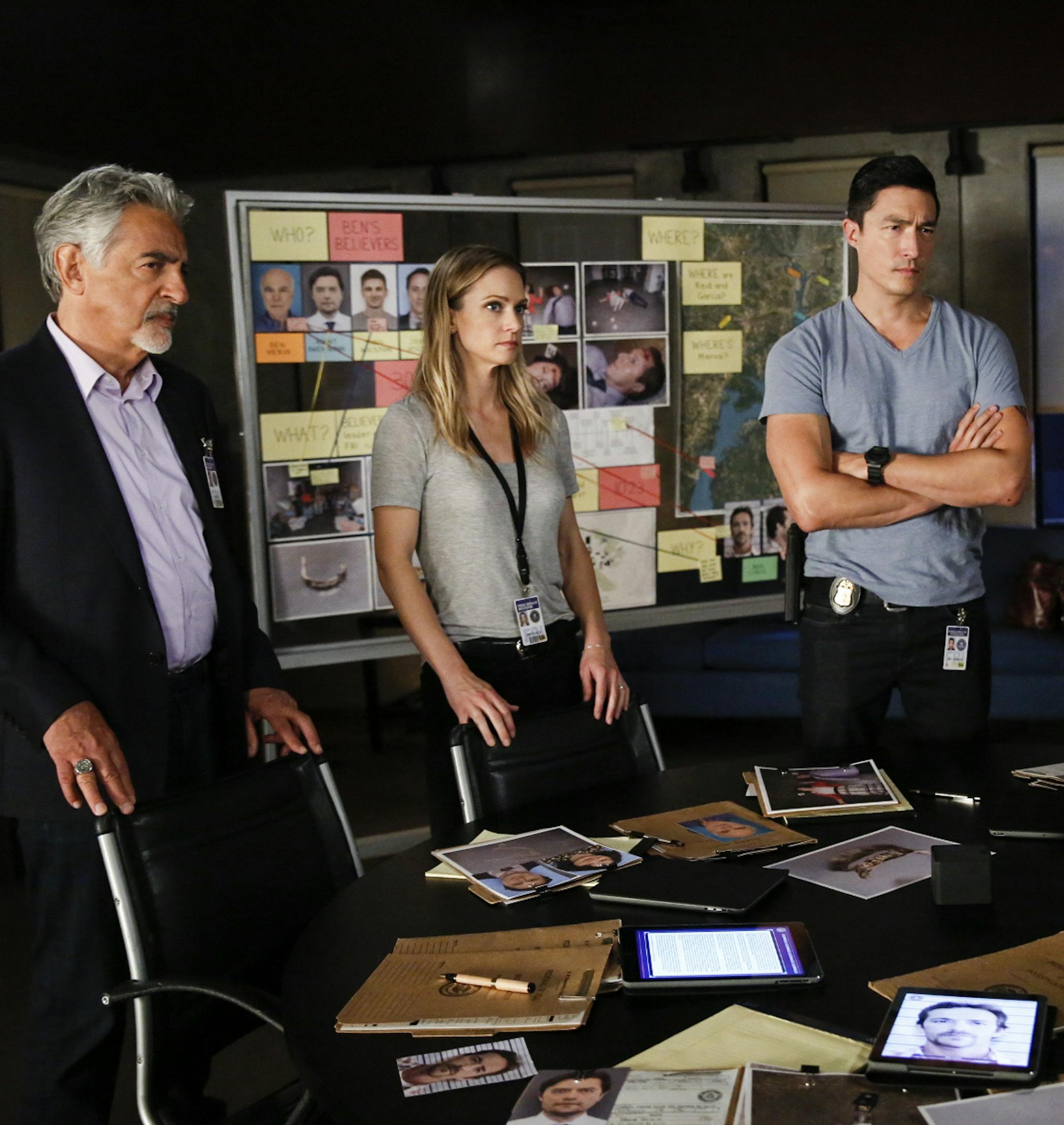 "300" -- When Reid and Garcia are abducted by Benjamin Merva (Michael Hogan), it\'s up to the rest of the team to find them. The BAU finds surprising clues in their own history to solve why the two heroes have been targeted by a mass murderer. It\'s a race to save them before a "Believers" prophecy is fulfilled, on the 14th season premiere of CRIMINAL MINDS, Wednesday, Oct. 3 (10:00-11:00 PM, ET/PT) on the CBS Television Network. Pictured: Joe Mantegna (David Rossi), A.J. Cook (Jennifer "JJ" Jar