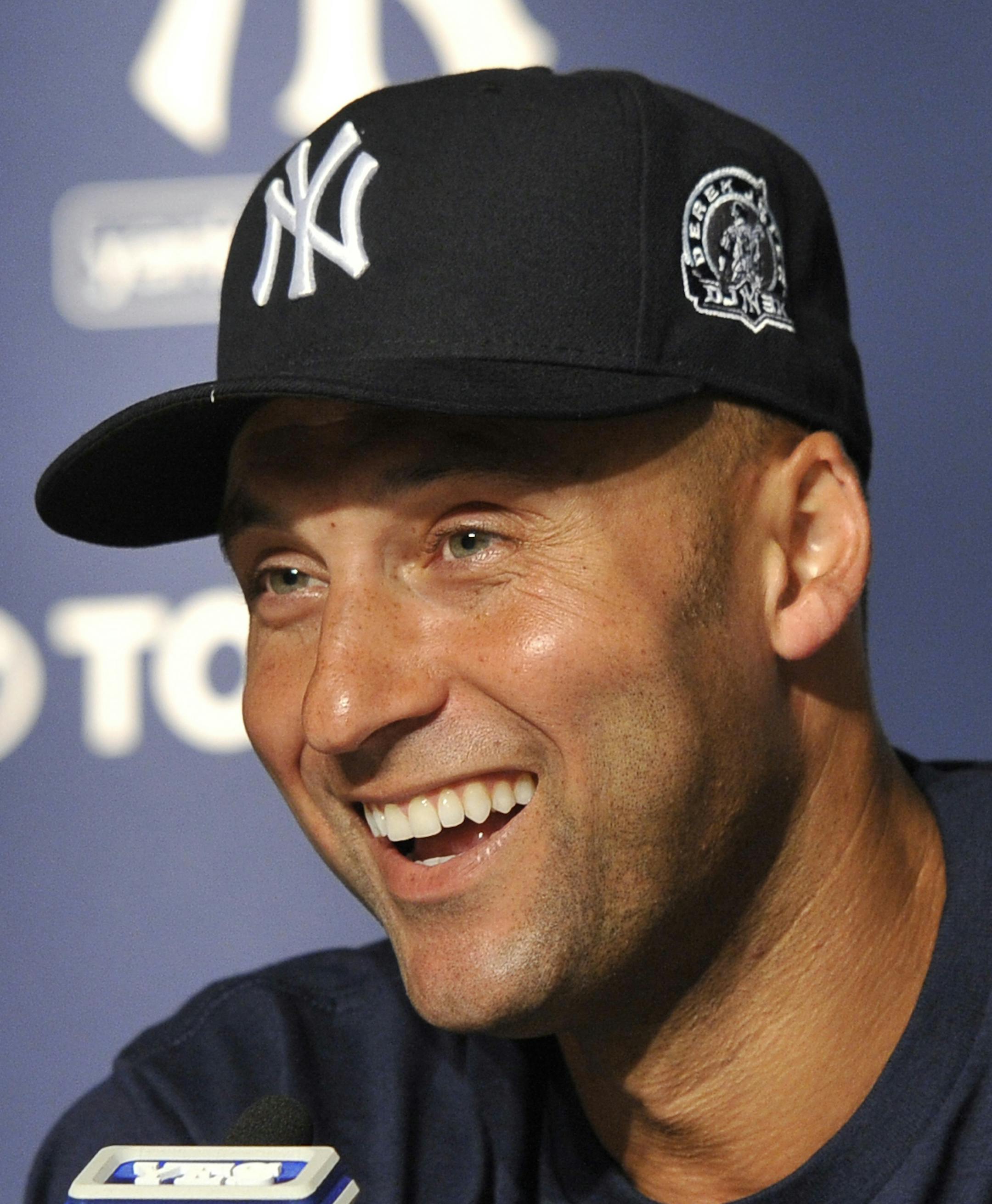 FILE - In this July 9, 2011, file photo, New York Yankees' Derek Jeter smiles as he speaks about his 3,000th career hit at a press conference after a baseball game against the Tampa Bay Rays, at Yankee Stadium in New York. Jeter could be a unanimous pick when Baseball Hall of Fame voting is announced Tuesday, Jan. 21, 2020. (AP Photo/Kathy Kmonicek)