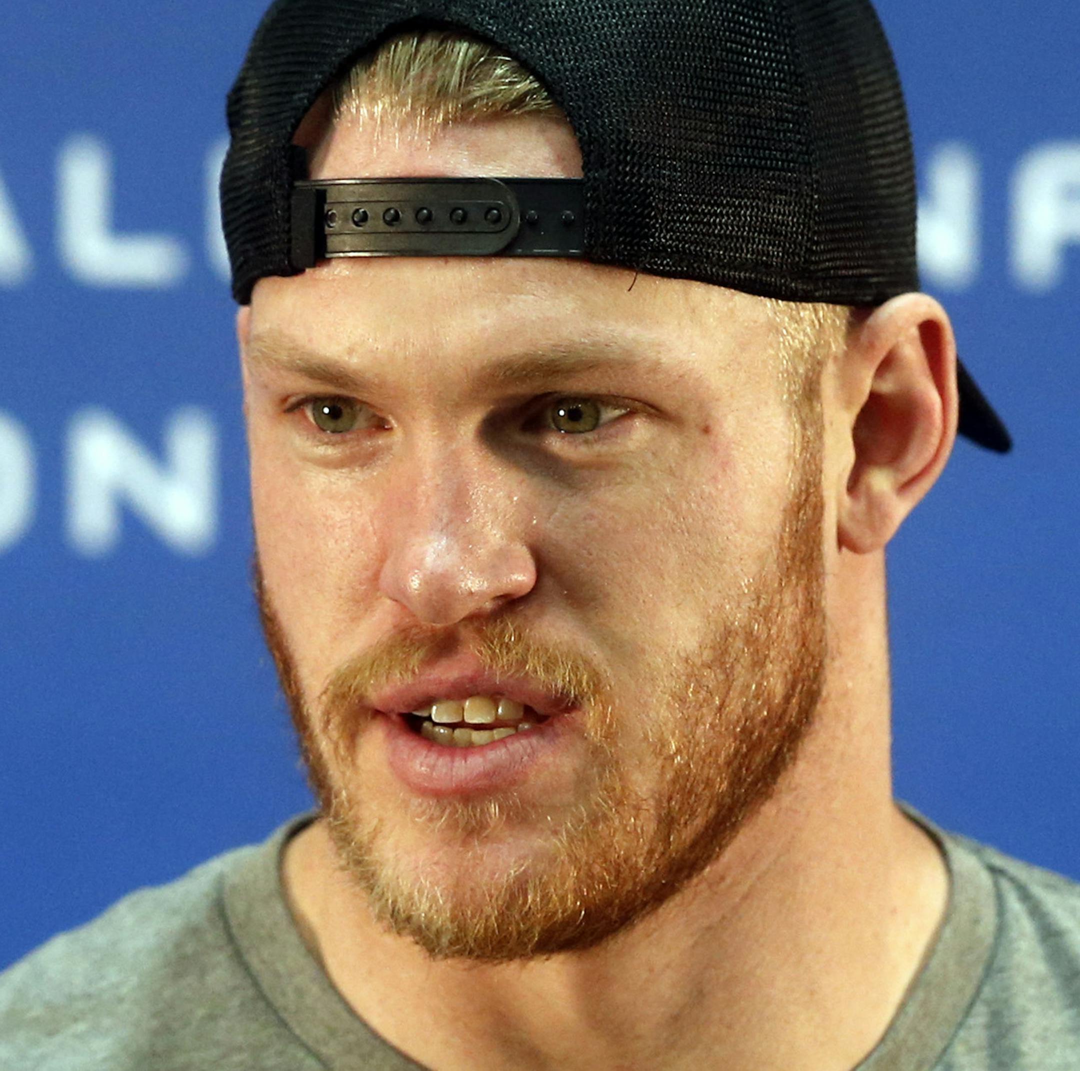 Minnesota Vikings tight end Kyle Rudolph addresses the media during an NFL football news conference Wednesday, Jan. 17, 2018 in Eden Prairie, Minn. The Vikings face the Philadelphia Eagles in the NFC championship on Sunday in Philadelphia. (AP Photo/Jim Mone) ORG XMIT: MIN2018020118155130