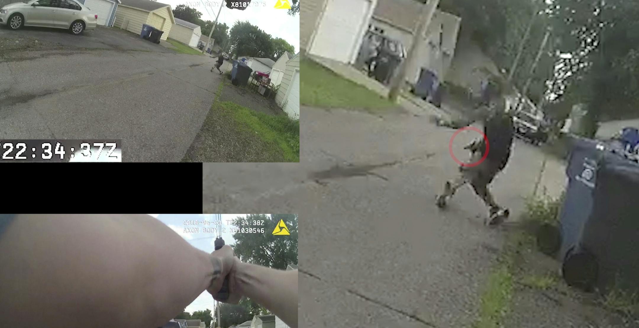 This June 23, 2018, image from multiple police cam videos provided by the Minneapolis Police Department shows a chase between Officers Justin Schmidt and Ryan Kelly and suspect Thurman Blevins, in Minneapolis. Authorities in Minneapolis released the body camera video Sunday, July 29 from the two police officers in the fatal shooting of Blevins, with the footage showing the man shot from behind after a frenetic foot chase and what appeared to be a gun in his hand. (Minneapolis Police Department v