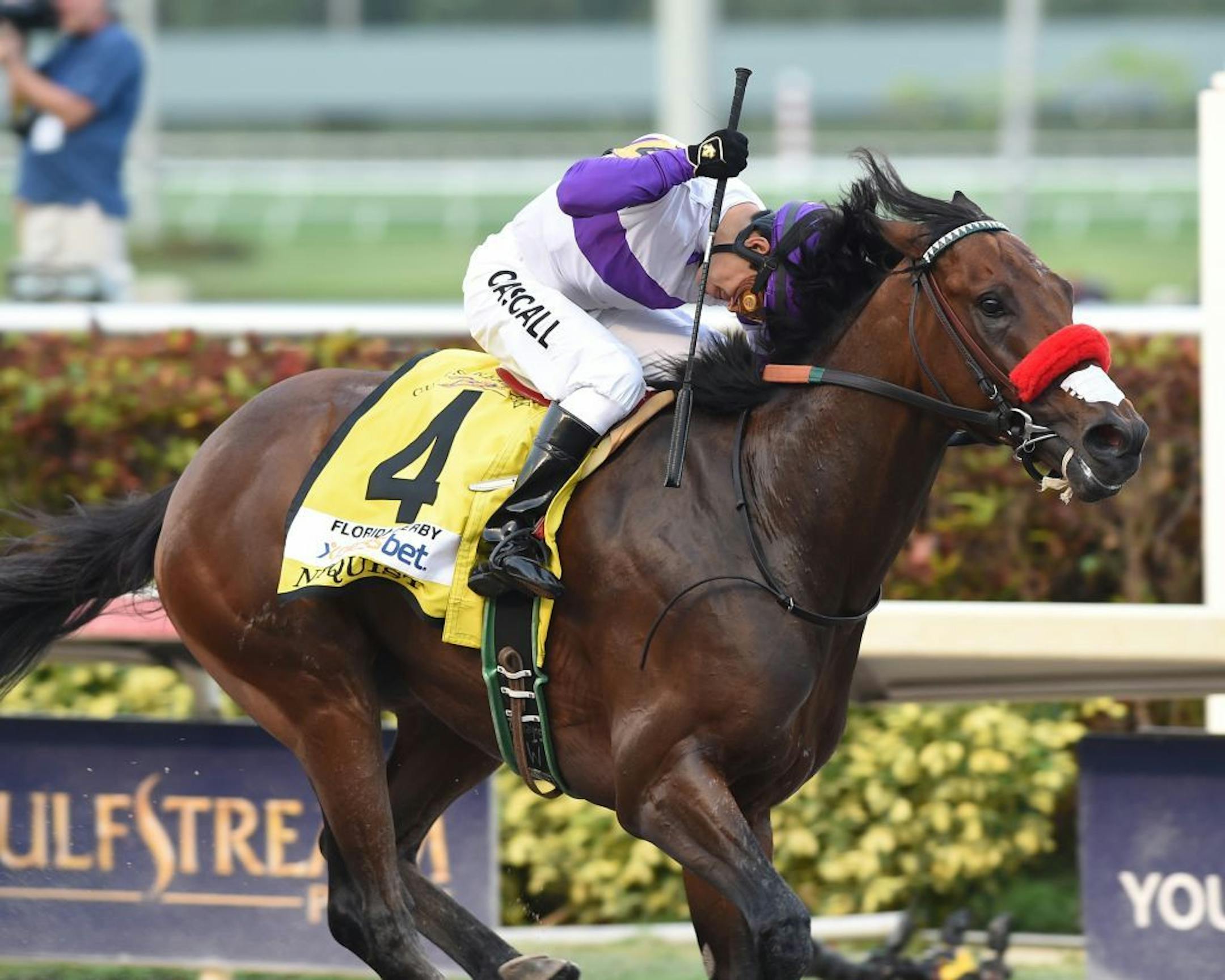 Nyquist, ridden by Mario Gutierrez, wins the Florida Derby horse race, Saturday, April 2, 2016, at Gulfstream Park in Hallandale Beach, Fla.