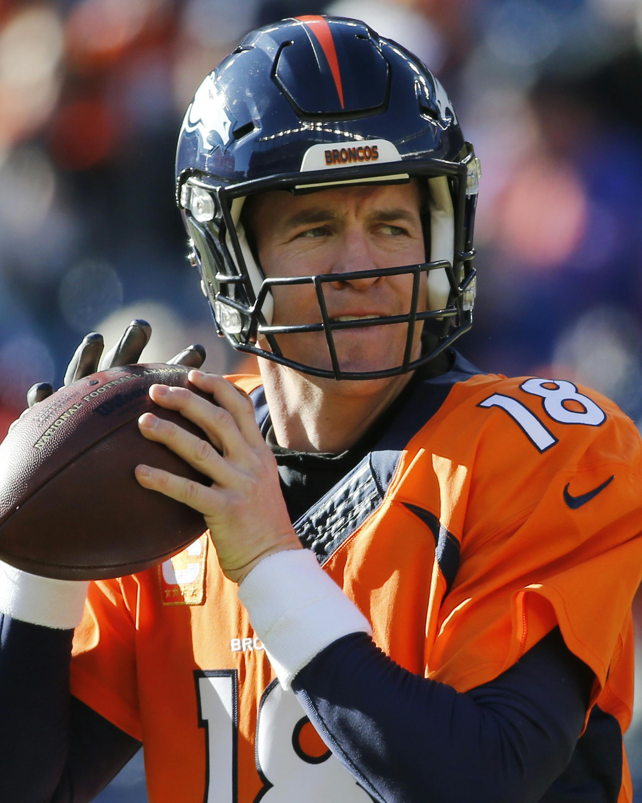 Denver Broncos quarterback Peyton Manning warms up before an NFL football game against the San Diego Chargers, Sunday, Jan. 3, 2016, in Denver. (AP Photo/Jack Dempsey) ORG XMIT: OTK