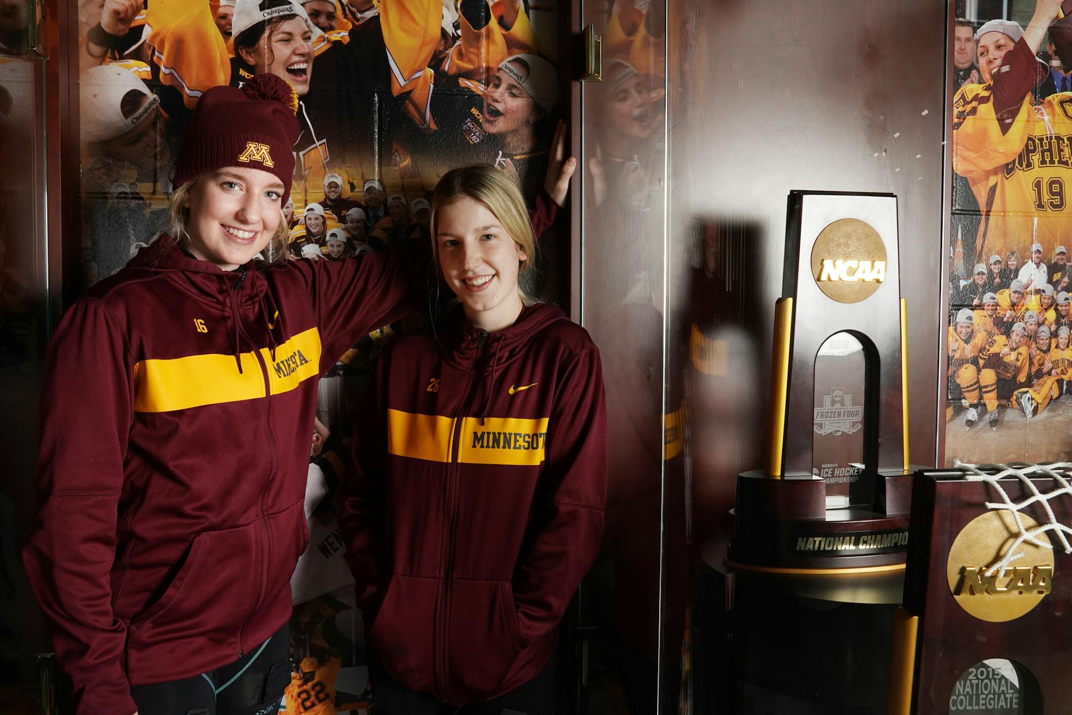 Sisters Amy and Sarah Potomak stood for a portrait Tuesday at Ridder Arena. ] ANTHONY SOUFFLE • anthony.souffle@startribune.com Sisters Amy and Sarah Potomak, who will be advancing the Gophers semifinal Friday in the NCAA Women's Frozen Four, stood for a portrait Tuesday, March 19, 2019 at Ridder Arena in Minneapolis.
