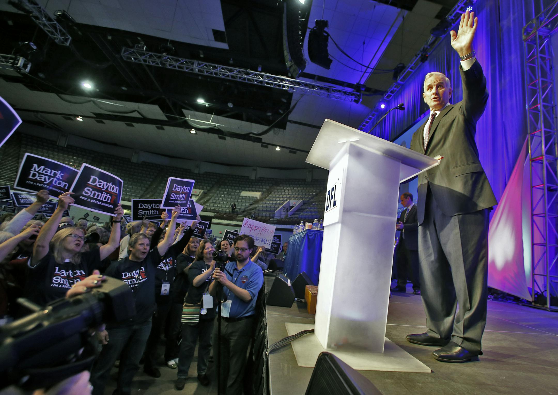 Gov. Mark Dayton accepts the party endorsement at the DFL convention in Duluth.