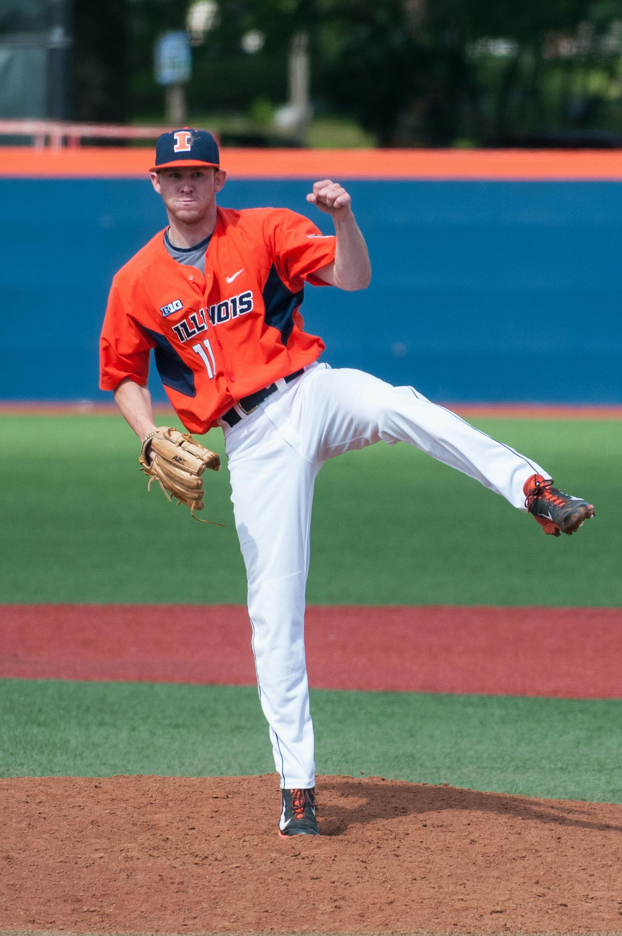 Illinois pitcher Tyler Jay (11) pitches against Wright State at the Champaign Regional of the NCAA college baseball tournament in Champaign, Ill., Monday, June 1, 2015. (AP Photo/Bradley Leeb)