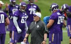 Vikings offensive line coach Tony Sparino worked with the line during OTA training at Winter Park in June.
