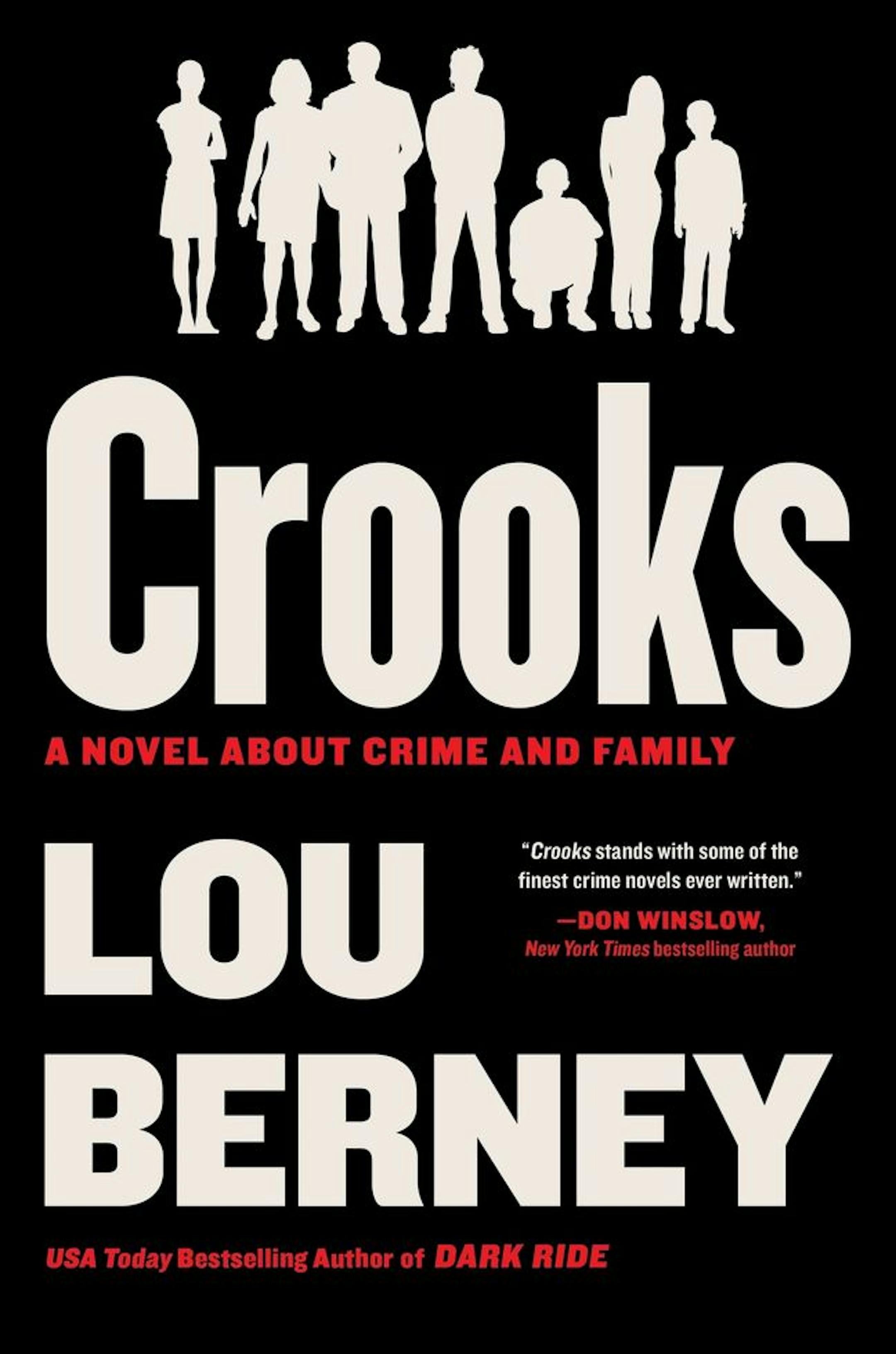 black cover of Crooks features a silhouetted image (in white) of a family -- a dad, mom and five kids