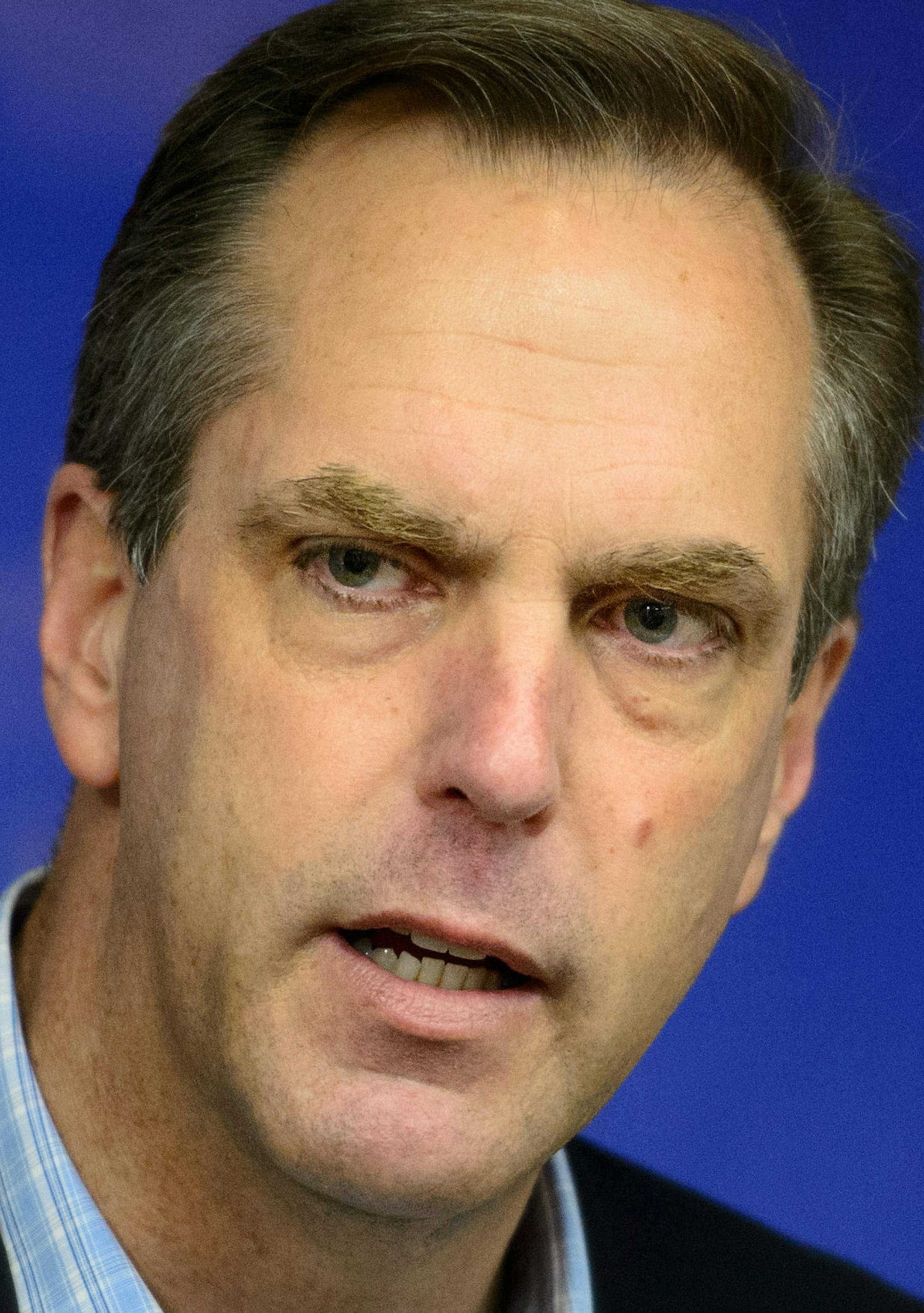 U.S. Senate candidate Mike McFadden speaks at a news conference on Thursday, April 10, 2014 at the Minnesota State Capitol in St. Paul. Democrats fighting to protect Minnesota U.S. Sen. Al Franken's seat want to replicate the last presidential campaign playbook by casting McFadden as a corporate raider who put profit over people. But there may be a hitch. Franken himself has a small stake in the parent company of the same brokerage firm, through a mutual fund comprised of stock in businesses wit