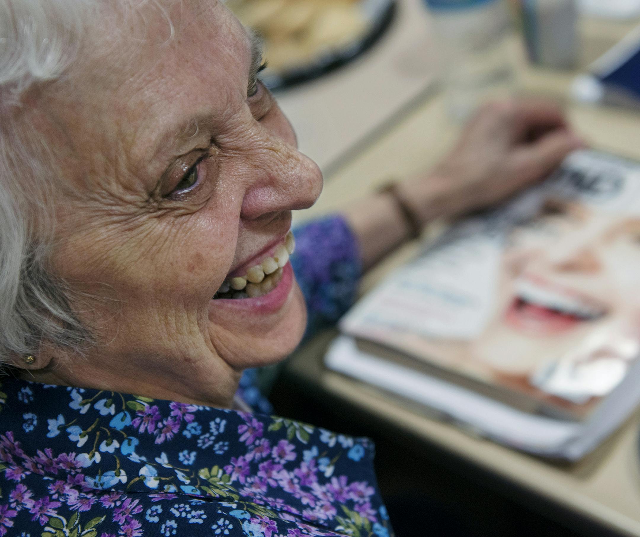 After going to the Laugh Cafe at Sibley Hospital in Washington, Joanne Philleo, 79, joined friends for lunch at Sibleyís cafeteria. ìThis isnít a hospital per se . . . This is a place that contains a hospital,î she said. Illustrates HOSPITALS-SENIORS (category l), by Susan Jaffe, (c) 2015, Kaiser Health News. Moved Tuesday, July 7, 2015. (MUST CREDIT: Photo by Amanda Voisard for The Washington Post.)