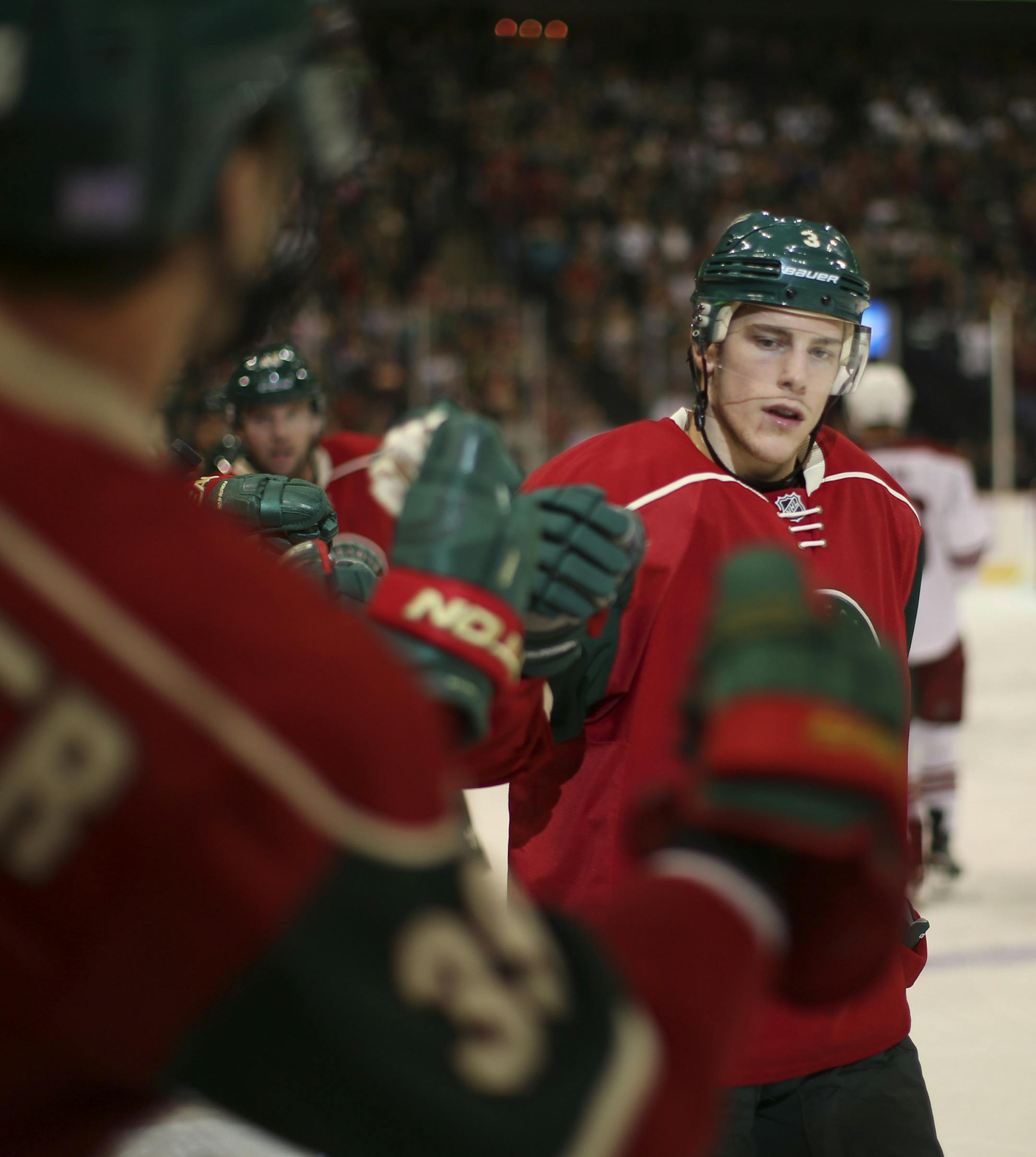 Minnesota Wild center Charlie Coyle (3) was congratulated after he scored his second period goal Thursday night at Xcel Energy Center. ] JEFF WHEELER ‚Ä¢ jeff.wheeler@startribune.com The Minnesota Wild took on the Arizona Coyotes in an NHL game Thursday night, October 23, 2014 at Xcel Energy Center in St. Paul.