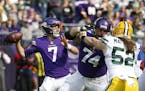 Minnesota Vikings quarterback Case Keenum (7) throws against the Green Bay Packers in the first half of an NFL football game in Minneapolis, Sunday, O