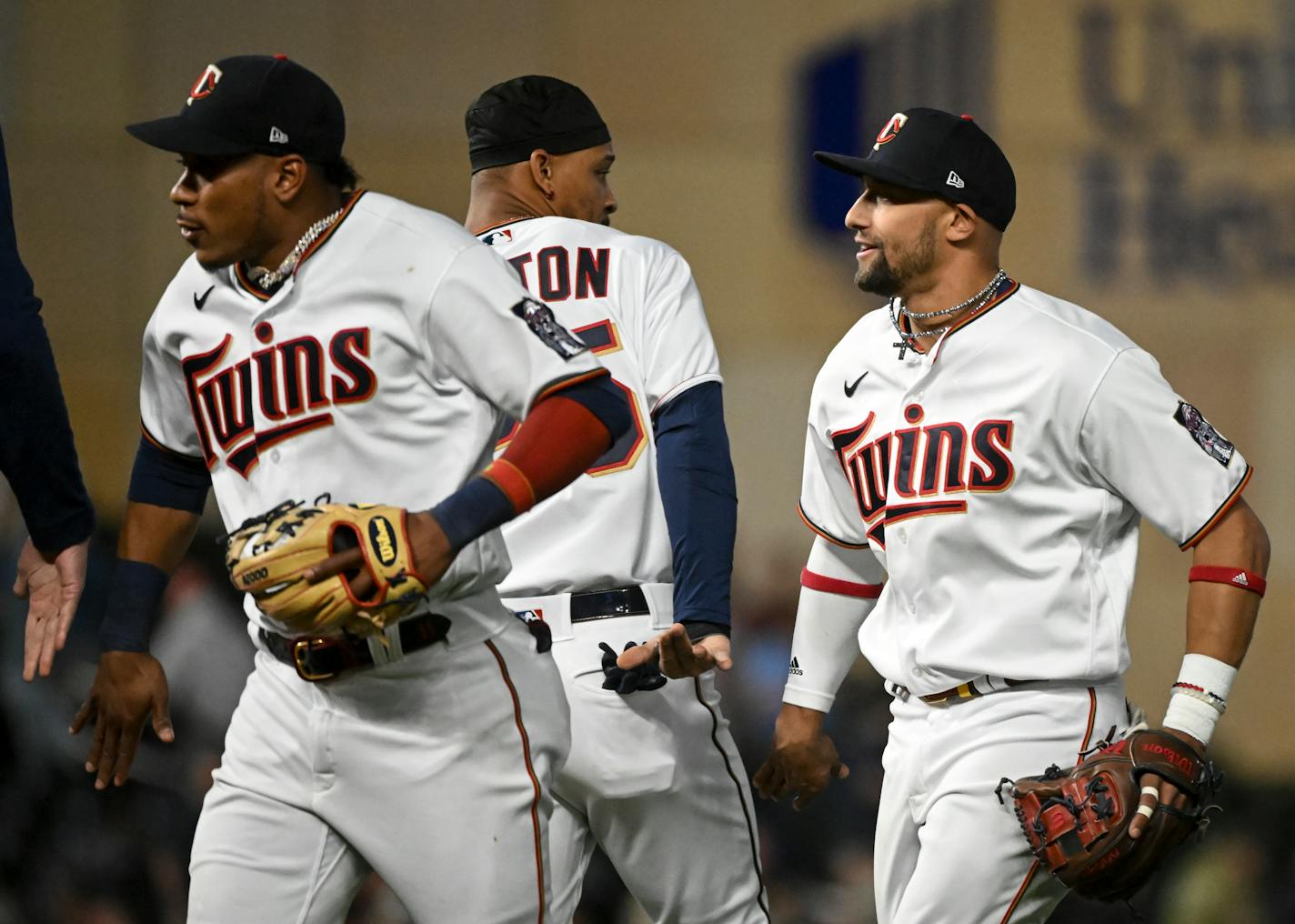 From left, Minnesota Twins second baseman Jorge Polanco (11), designated hitter Byron Buxton (25) and shortstop Royce Lewis (23) celebrate their team's 2-1 win over the Oakland Athletics Friday, May 6, 2022 at Target Field in Minneapolis, Minn.. ] AARON LAVINSKY• Aaron.lavinsky@startribune.com