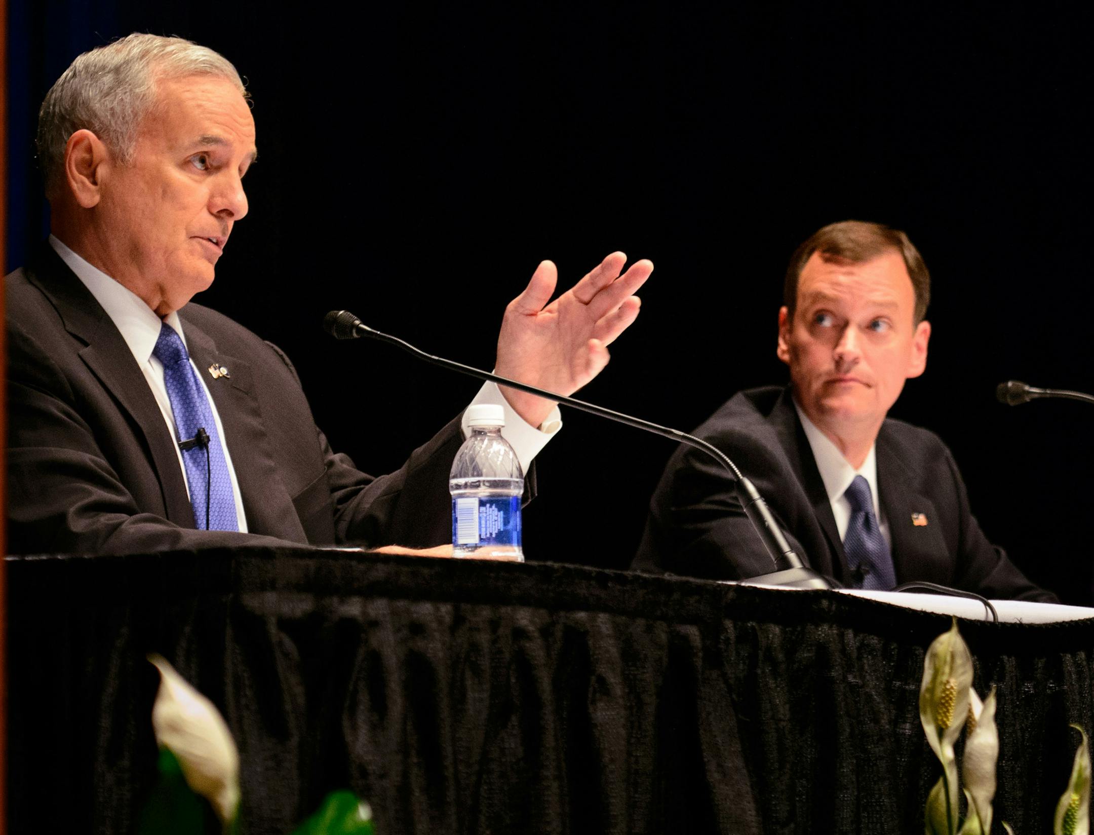 DFL Gov. Mark Dayton, left, and Republican Jeff Johnson debate Oct. 1, 2014, at the Mayo Civic Center in Rochester