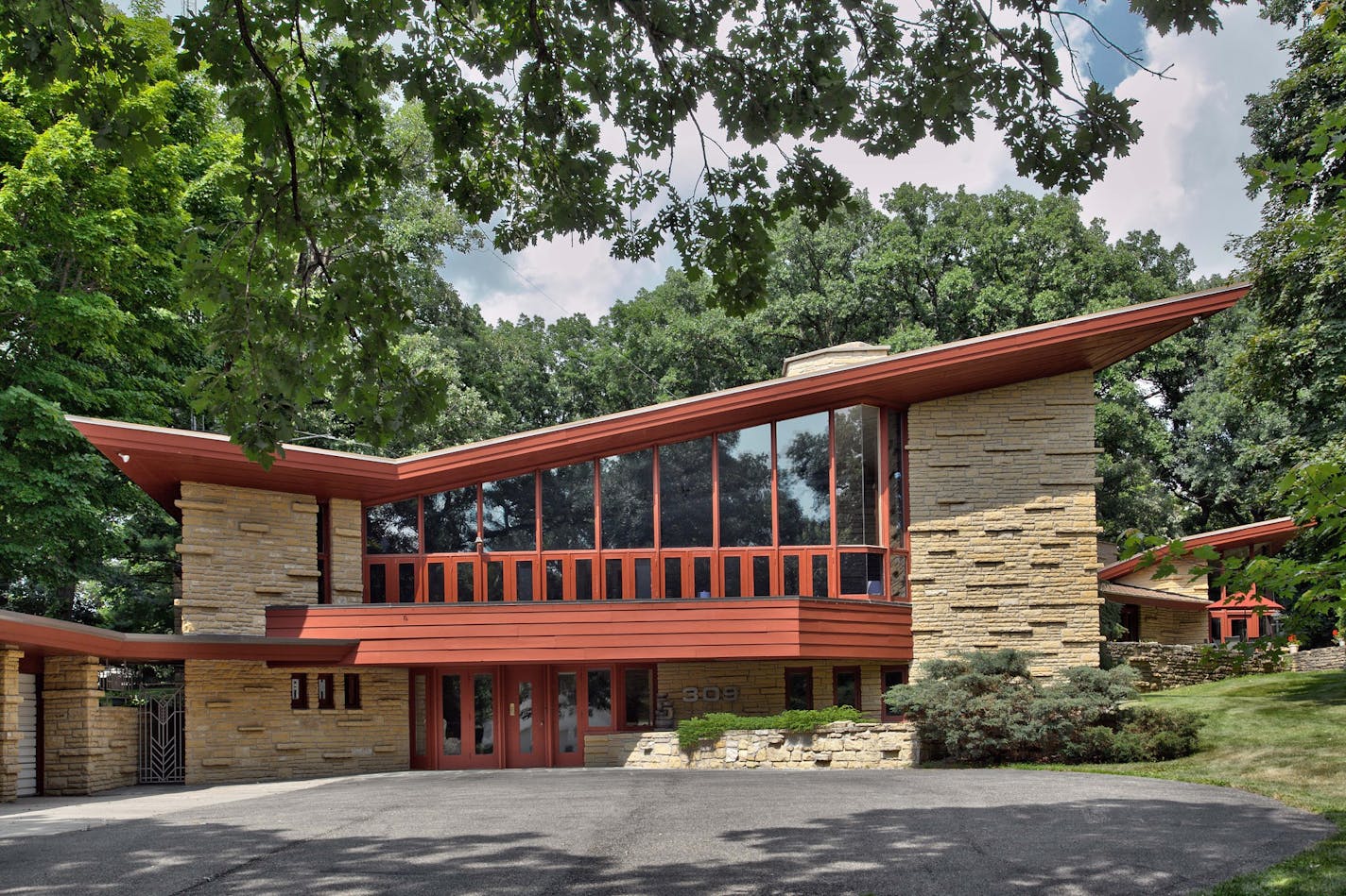 The 1952 Elam House is a Frank Lloyd Wright masterpiece of soaring rooflines and dynamic mix of limestone, cypress and glass.