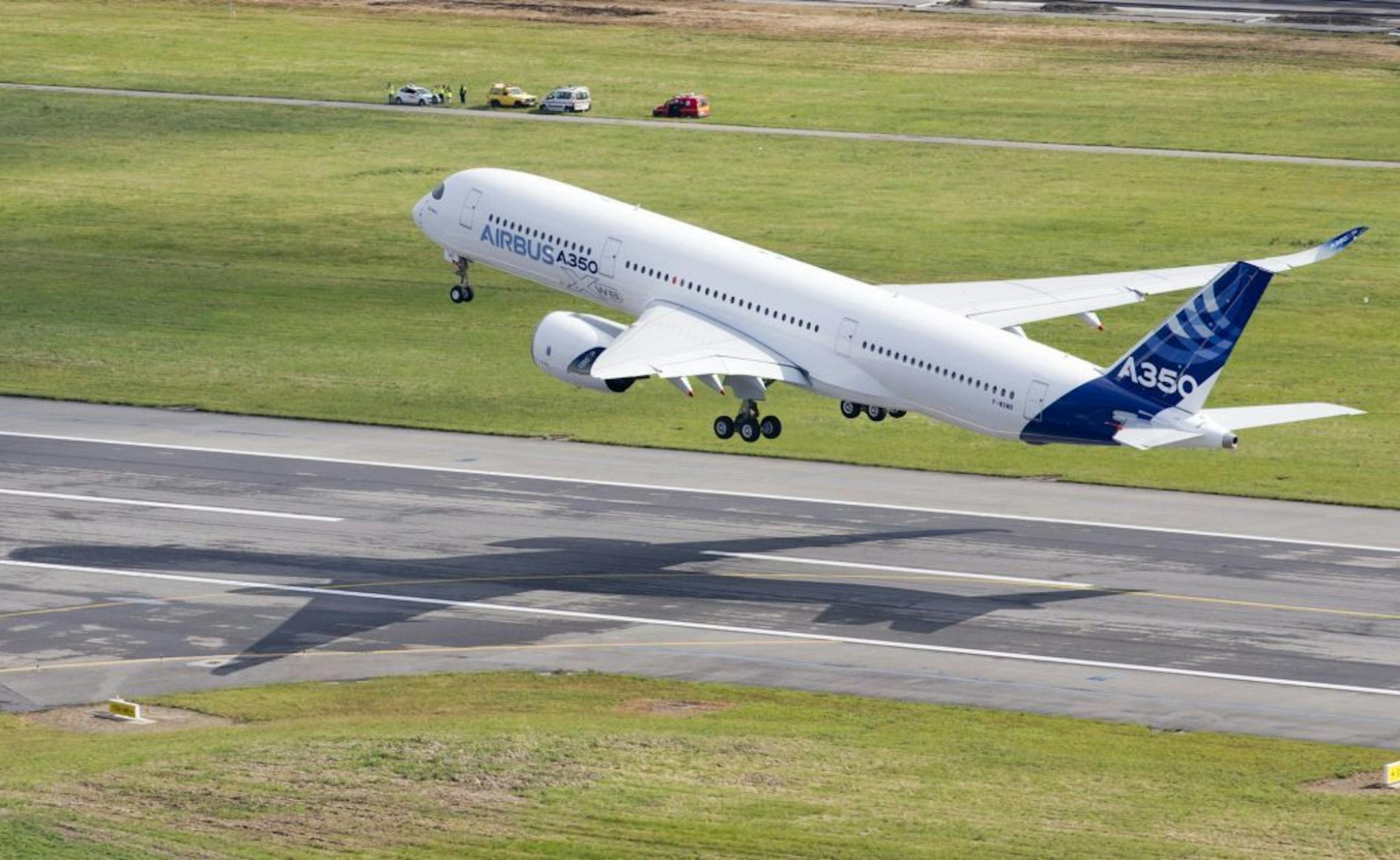 In this photo released by Airbus on Friday, June 14, 2013, the Airbus A350 takes off on its maiden flight at Blagnac airport near Toulouse, southwestern France, Friday, June 14, 2013. The Airbus A350 has taken off on its maiden flight, setting the stage for intensifying competition with U.S. rival Boeing in the long-haul wide-body aircraft market.