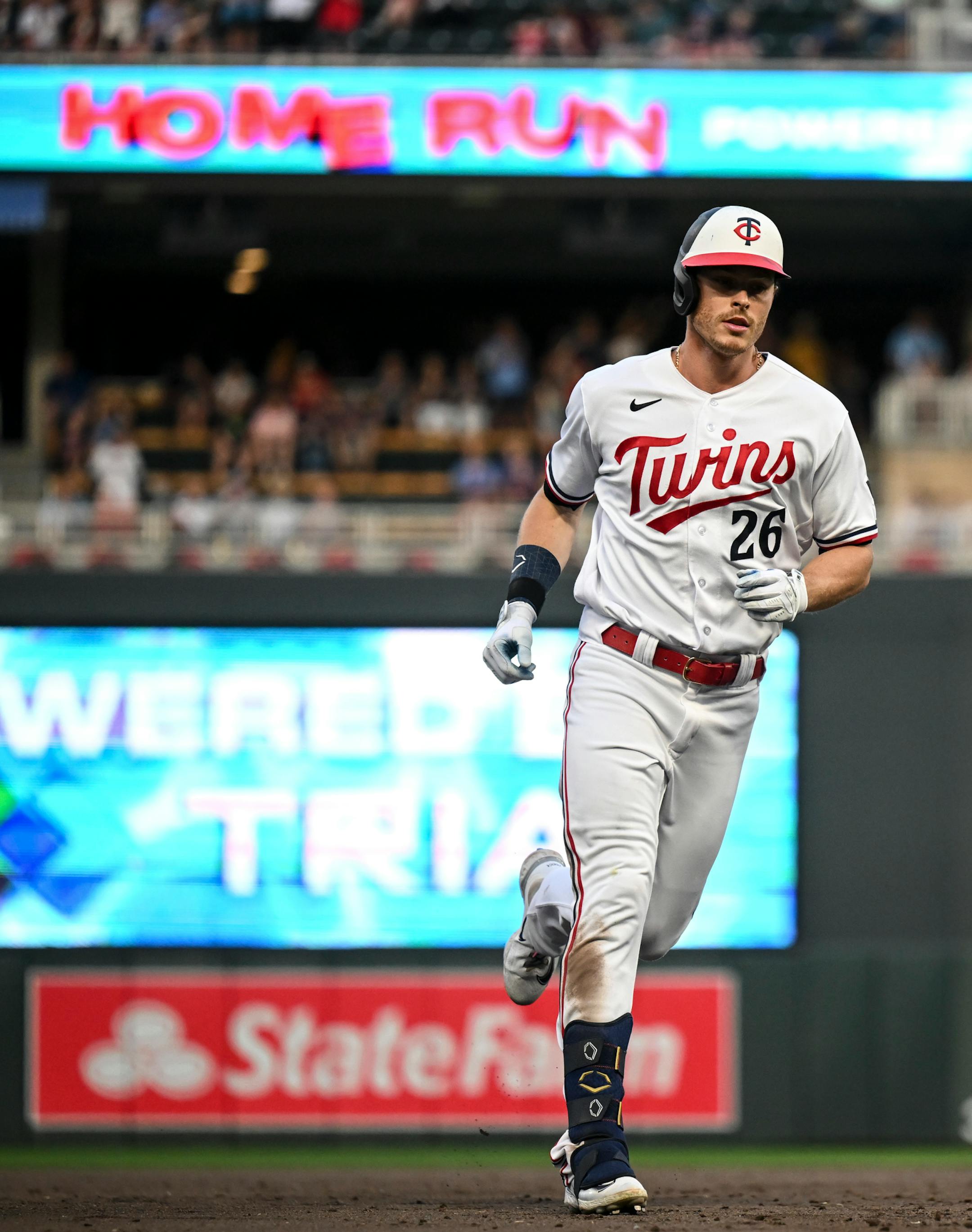 Minnesota Twins right fielder Max Kepler (26) hits a solo home run in the bottom of the 6th inning against the Boston Red Sox Wednesday, June 21, 2023, at Target Field in Minneapolis, Minn.