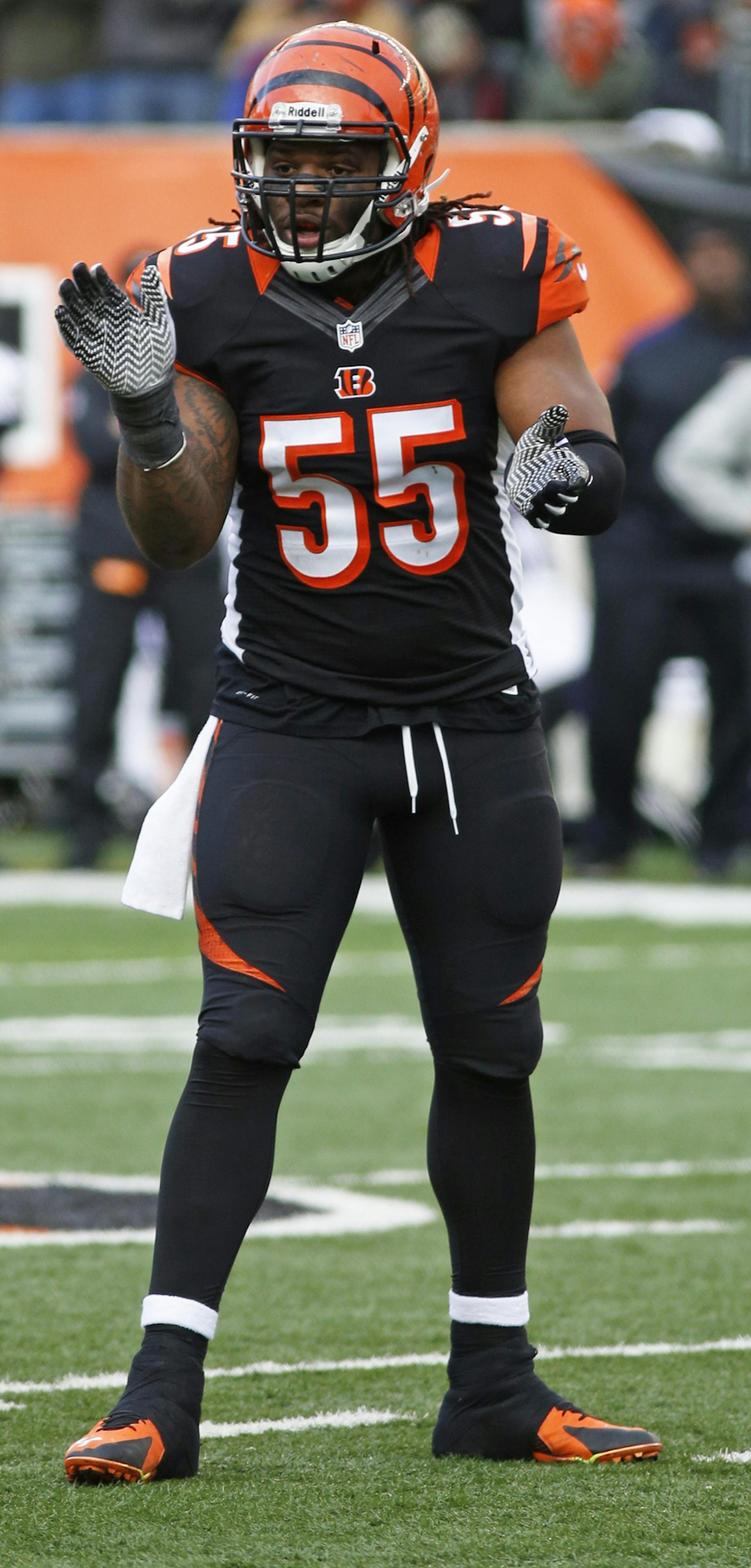 Cincinnati Bengals outside linebacker Vontaze Burfict urges on his teammates in the second half of an NFL football game against the Baltimore Ravens, Sunday, Dec. 29, 2013, in Cincinnati. (AP Photo/David Kohl) ORG XMIT: NYEOTK