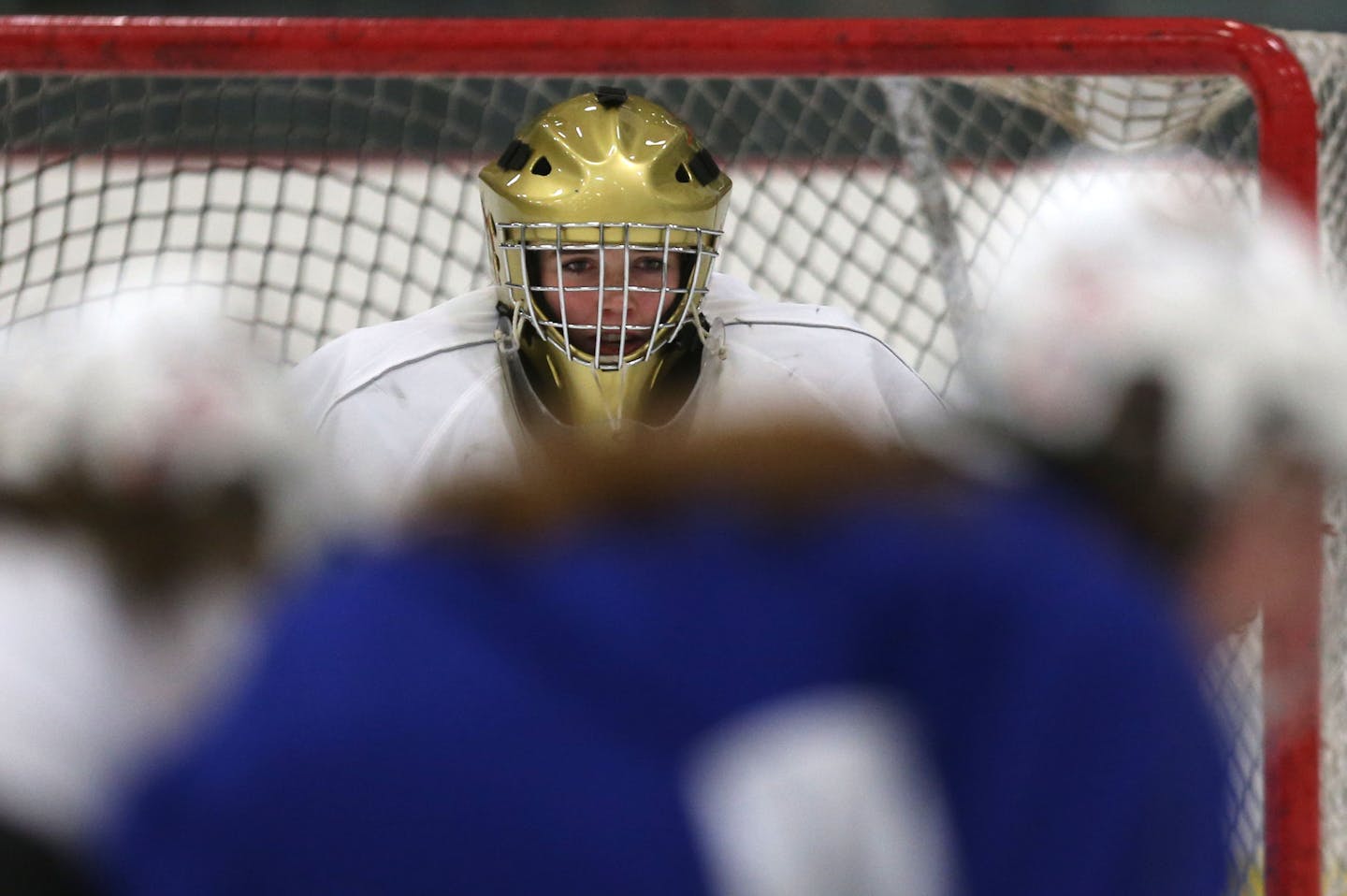 Andover goalie Maddie Rooney watched the puck as her teammates tried to score during practice at the Andover Community Center Ice Rink in Andover, Min., Thursday, November 14, 2013 ] (KYNDELL HARKNESS/STAR TRIBUNE) kyndell.harkness@startribune.com