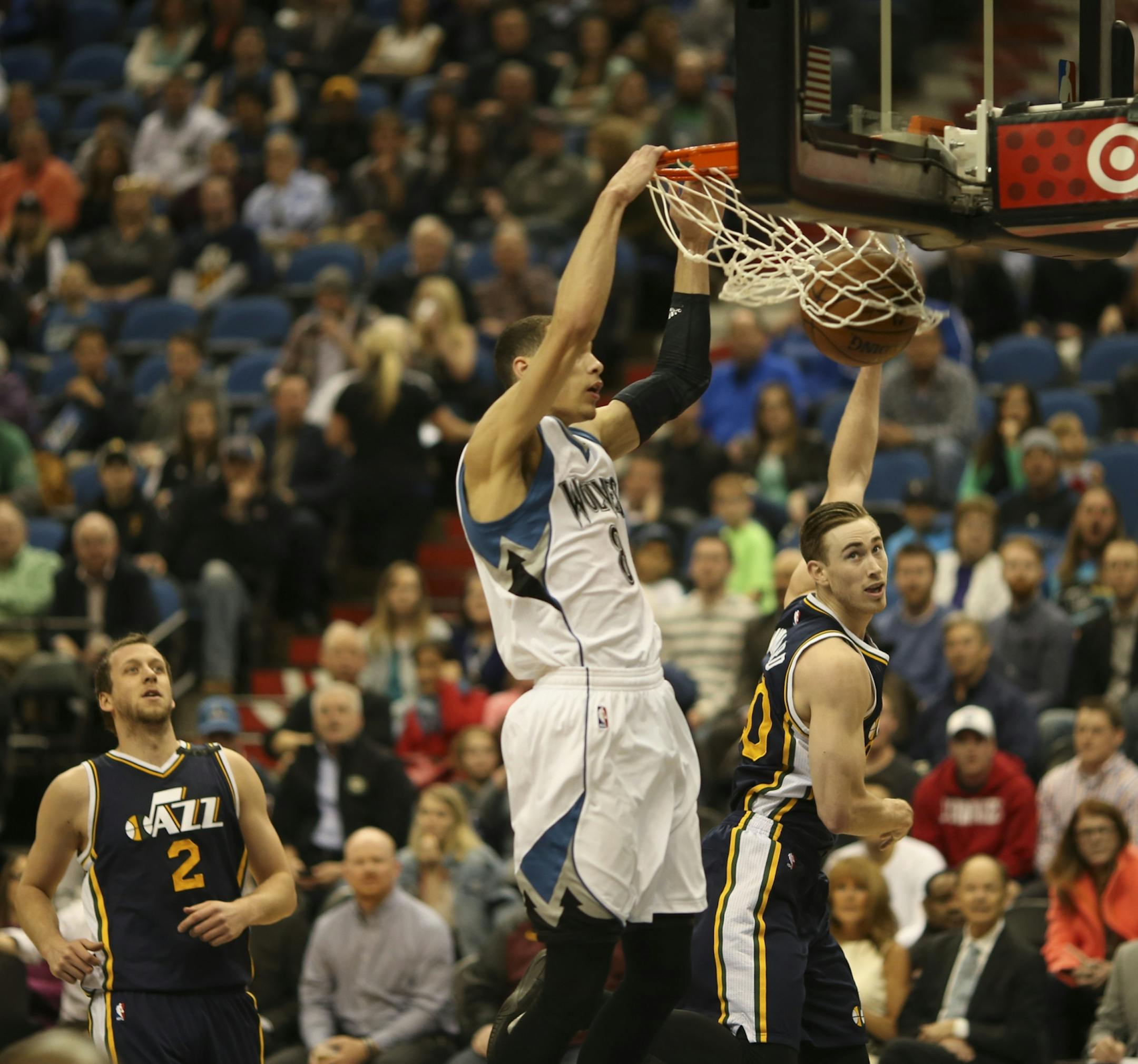 Timberwolves guard Zach LaVine dunked after he slid under the defense of Utah Jazz forward Gordon Hayward in the third quarter Monday night at Target Center. LaVine led the Wolves in scoring with 21 points for the night.