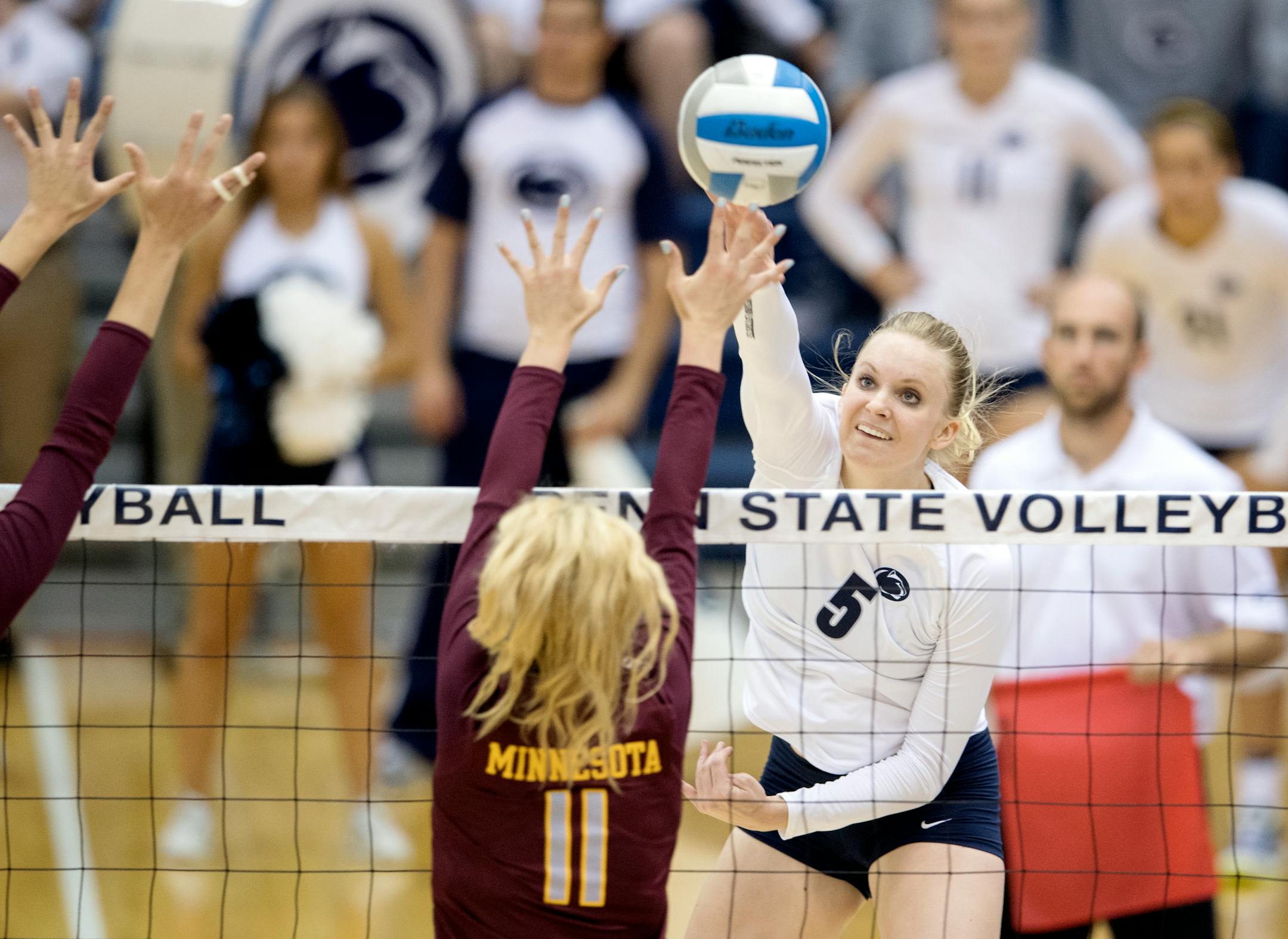 Penn State's Tori Morrell hit the ball over the Gophers' Samantha Seliger-Swenson during a match Wednesday.