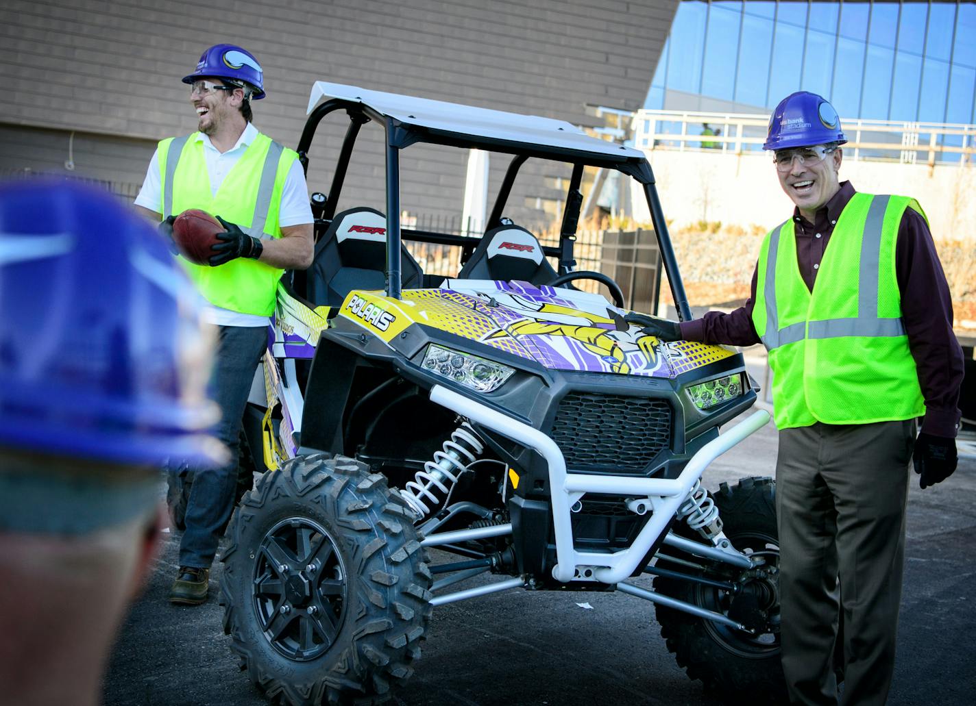 Polaris CEO Scott Wine, right, stood next to a Polaris RZR with Vikings linebacker Chad Greenway for a Polaris photo shoot outside USBank Stadium Monday afternoon. ] GLEN STUBBE * gstubbe@startribune.com Monday, November 9, 2015 Polaris Industries has signed a 10-year multi-million contract with the Vikings that will name a gate at the new stadium the Polaris gate and offer a Polaris hallway of products for fans.