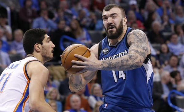 FILE - In this Jan. 15, 2016, file photo, Minnesota Timberwolves center Nikola Pekovic (14) drives past in Oklahoma City. Pekovic has been ruled out i
