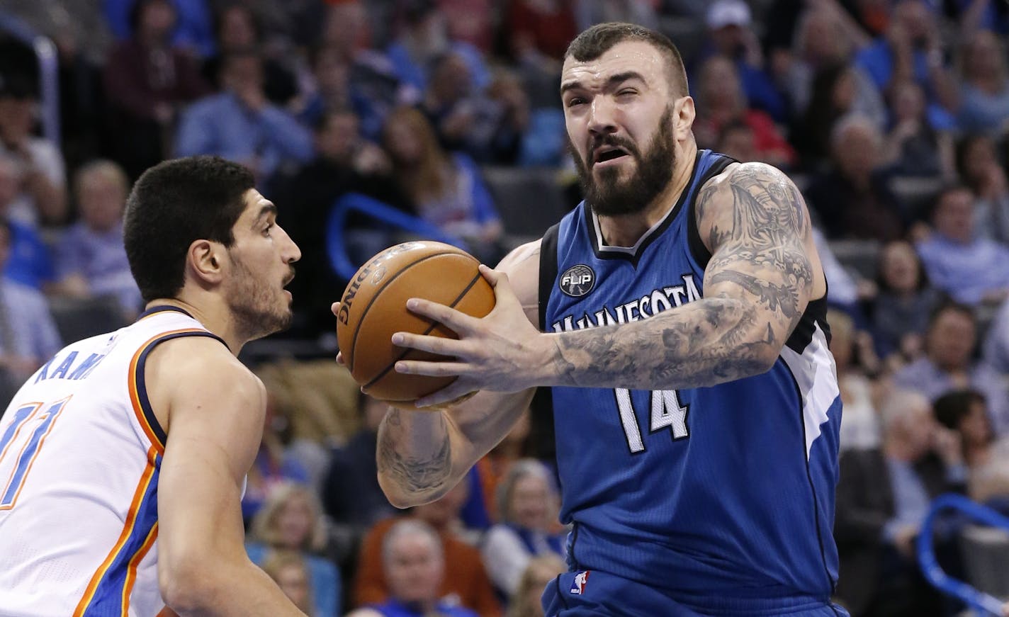 FILE - In this Jan. 15, 2016, file photo, Minnesota Timberwolves center Nikola Pekovic (14) drives past in Oklahoma City. Pekovic has been ruled out indefinitely as he recovers from right Achilles tendon surgery he underwent last April. Pekovic has missed eight straight games with discomfort and played in only 12 games this season after having a procedure that was viewed then as a last-ditch effort to relieve chronic pain in his right foot. (AP Photo/Sue Ogrocki, File)