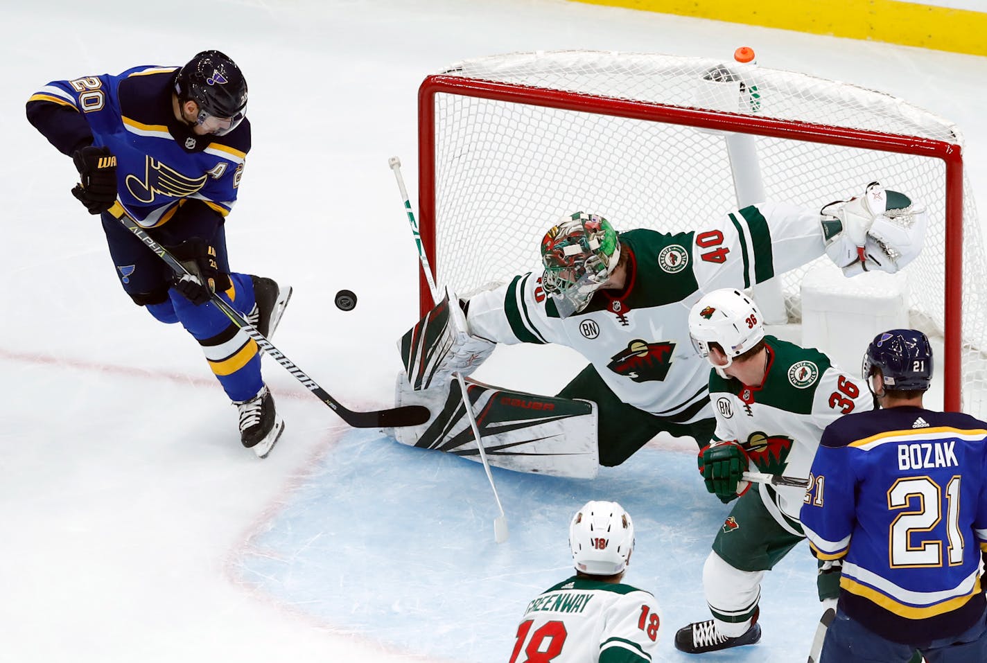 The Blues' Alexander Steen is unable to score past Wild goaltender Devan Dubnyk during the first period Sunday.