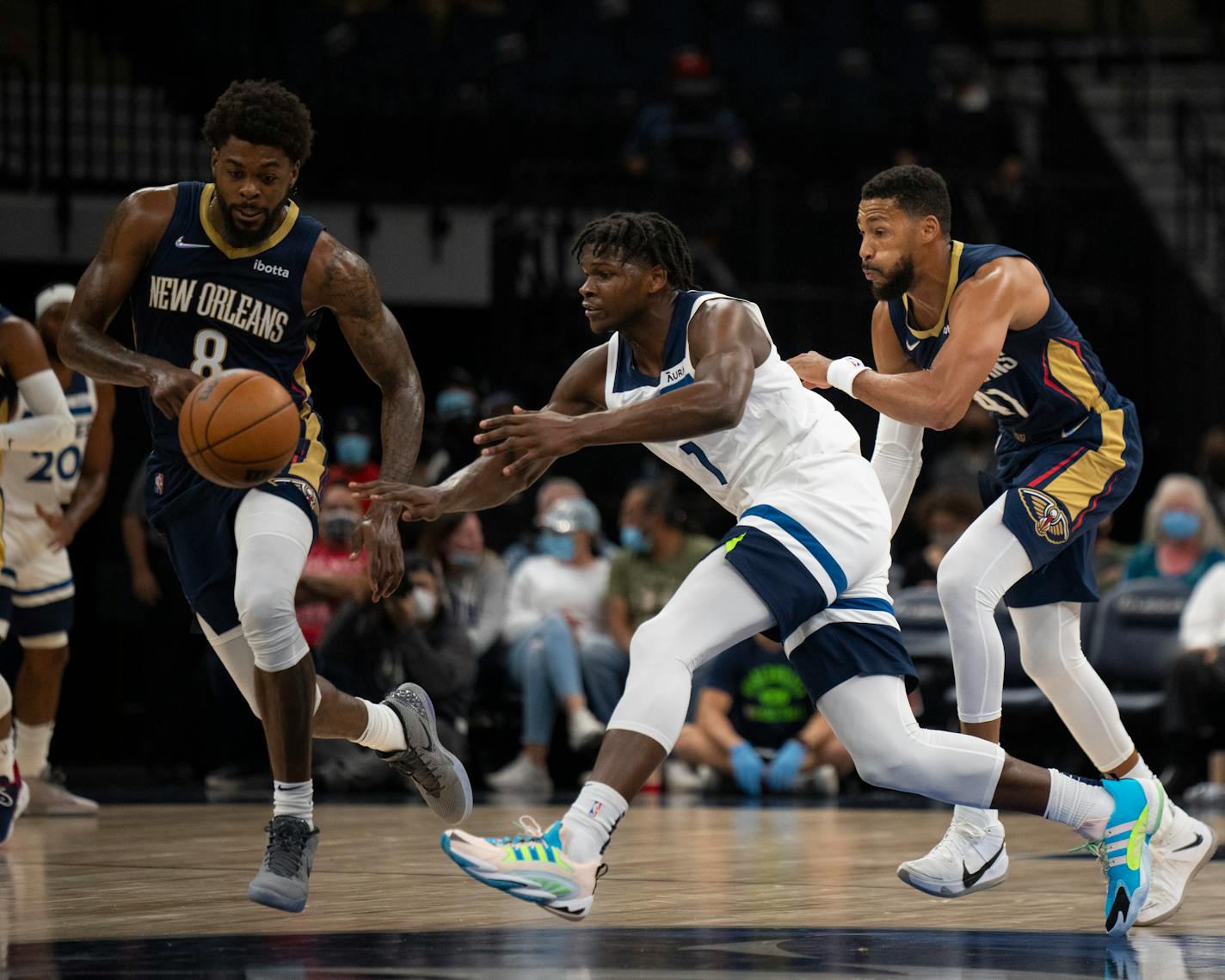 New Orleans Pelicans forward Naji Marshall (8) had a takeaway from Minnesota Timberwolves forward Anthony Edwards (1) in the first quarter. ] JEFF WHEELER • jeff.wheeler@startribune.com