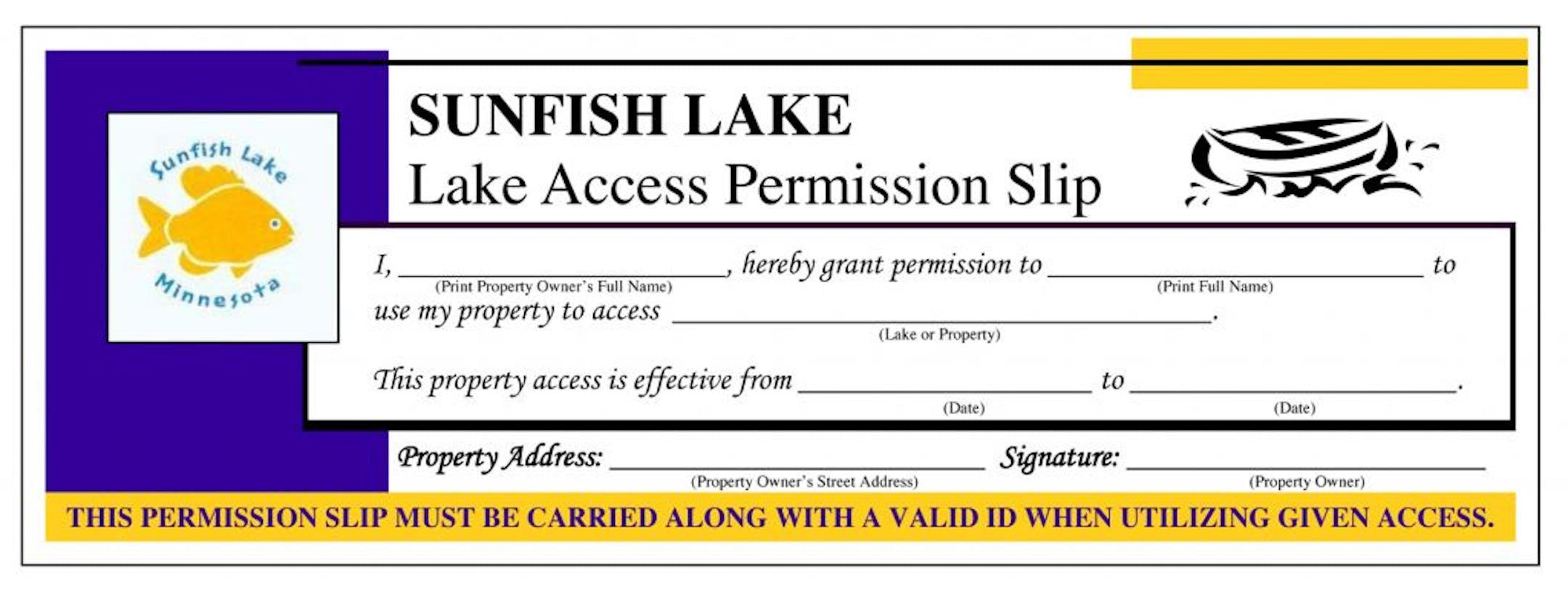 Sun Fish Lake - Lake Access Permission Slip