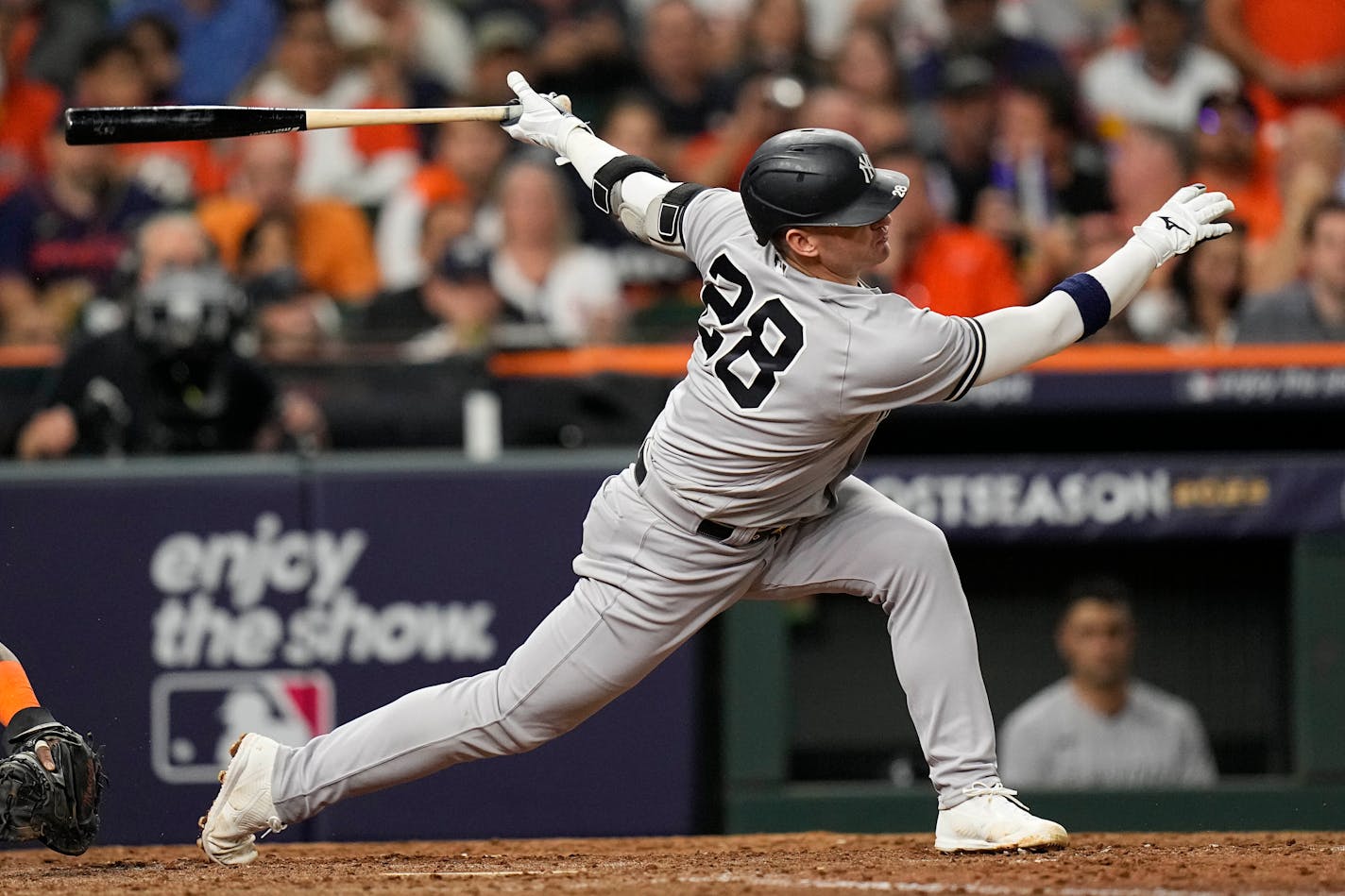 New York Yankees Josh Donaldson (28) strikes out during the seventh inning in Game 2 of baseball's American League Championship Series between the Houston Astros and the New York Yankees, Thursday, Oct. 20, 2022, in Houston. (AP Photo/Eric Gay)