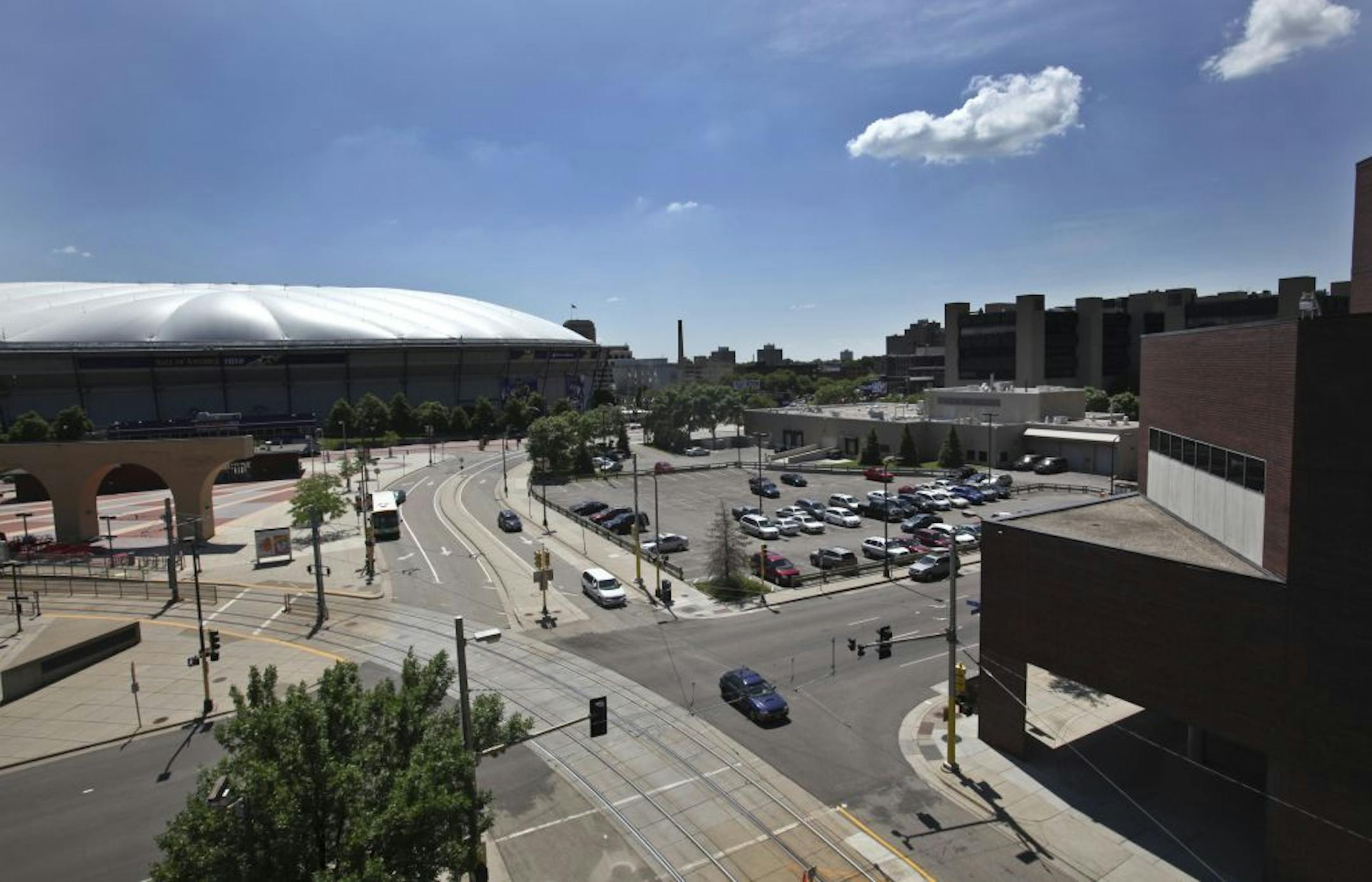 Seen from the Star Tribune building, looking south, southwest a portion of the light rail station block owned by local real estate developer Bob Lux is visible to the left and the Hennepin County morgue/crime lab to the middle right and are in play for the Vikings stadium deal Tuesday, June 5, 2012, in Minneapolis, MN.