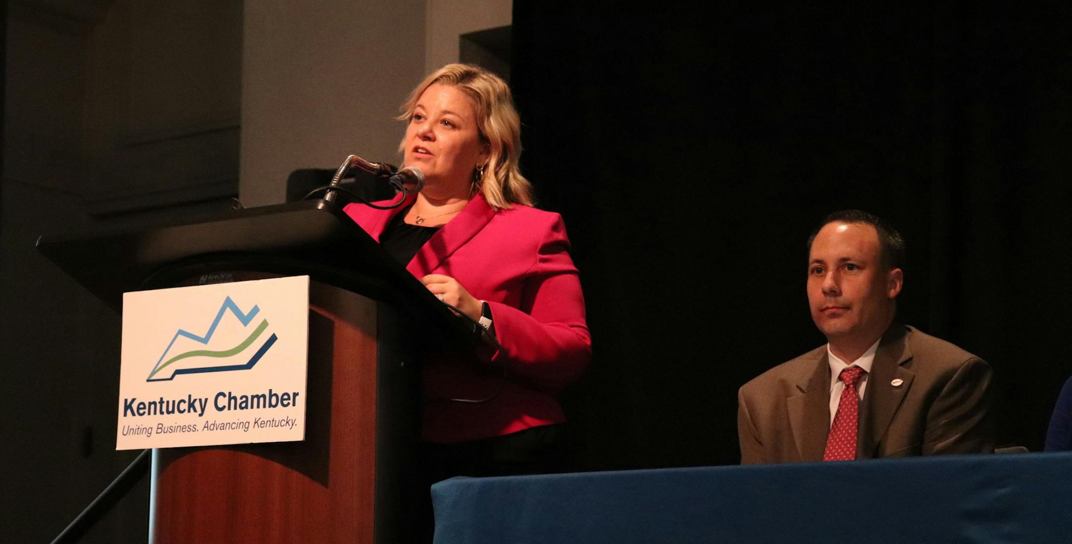 Beth Davisson, executive director of the Kentucky Chamber Workforce Center, and Jonathan Copley, chief executive officer at Aetna Better Health of Kentucky, announced the launch of the Opioid Response Program for Businesses at a Kentucky opioid summit. The program encourages businesses to hire people struggling with substance abuse and helps them reassess their policies to better support recovery. (Rebekah Alvey/Lexington Herald Leader/TNS)