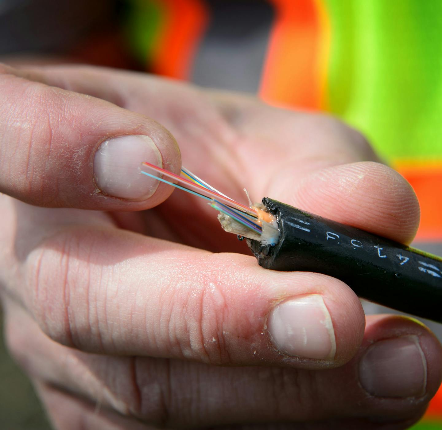 Fiber optic cable. ] GLEN STUBBE * gstubbe@startribune.com Friday, April 15, 2016 A crew for ComLink Midwest installed a fiber optic cable for Palmer Wireless who received a state grant to supply high speed broadband to Becker Industrial Park.