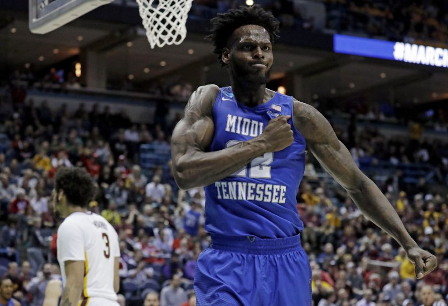 Middle Tennessee State's JaCorey Williams celebrates during the second half against the Gophers.