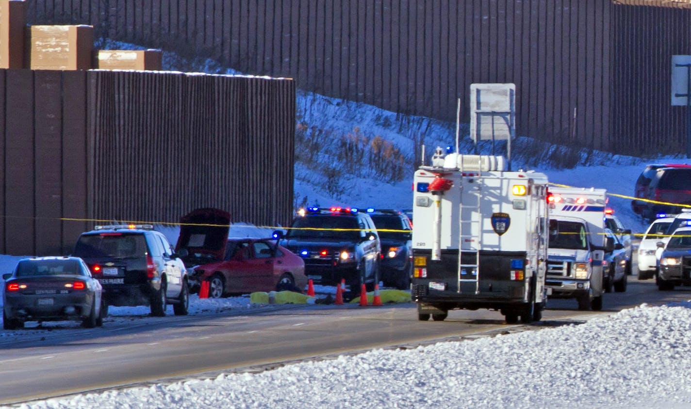 The scene of a high speed car chase that ended in shots fired in Chanhassen, Minn., on Thursday, February 7, 2014.] (RENEE JONES SCHNEIDER reneejones@startribune.com) ORG XMIT: MIN1402071036390824